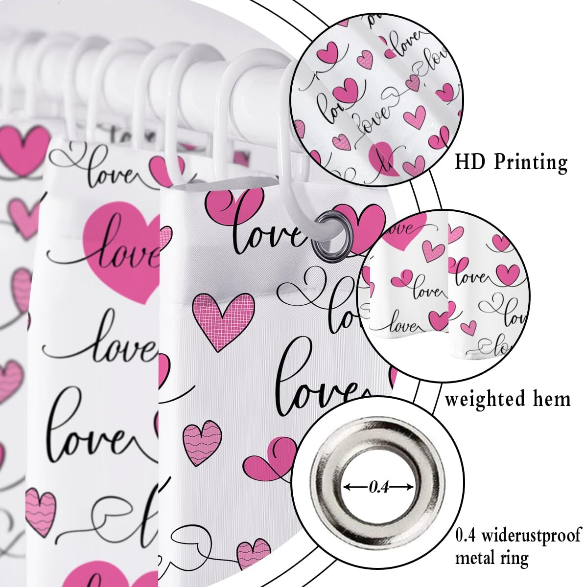 Modern Pink Heart Shower Curtain Set with 12 Hooks