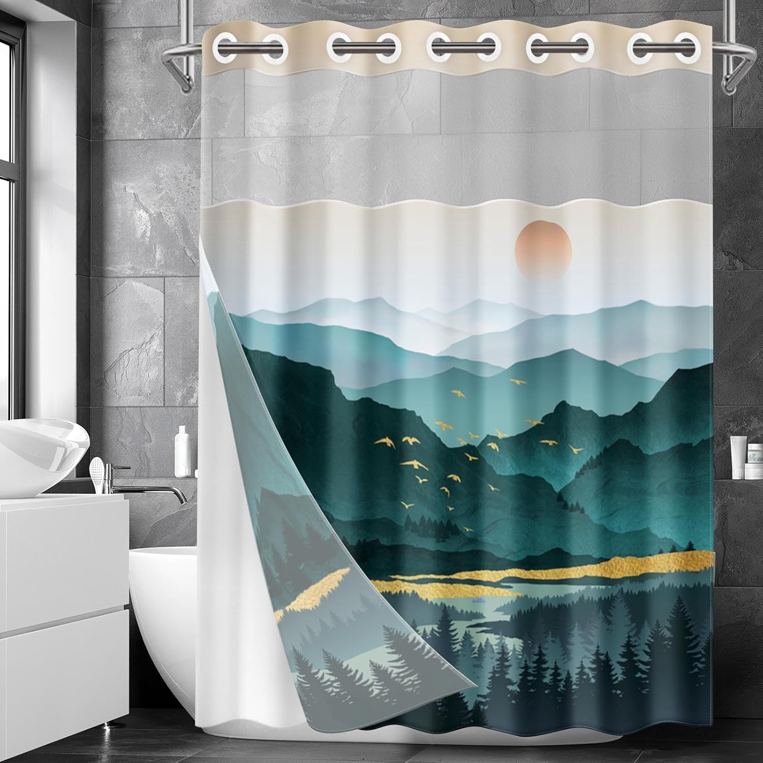 Nesphy No Hook Mountain Shower Curtain Set