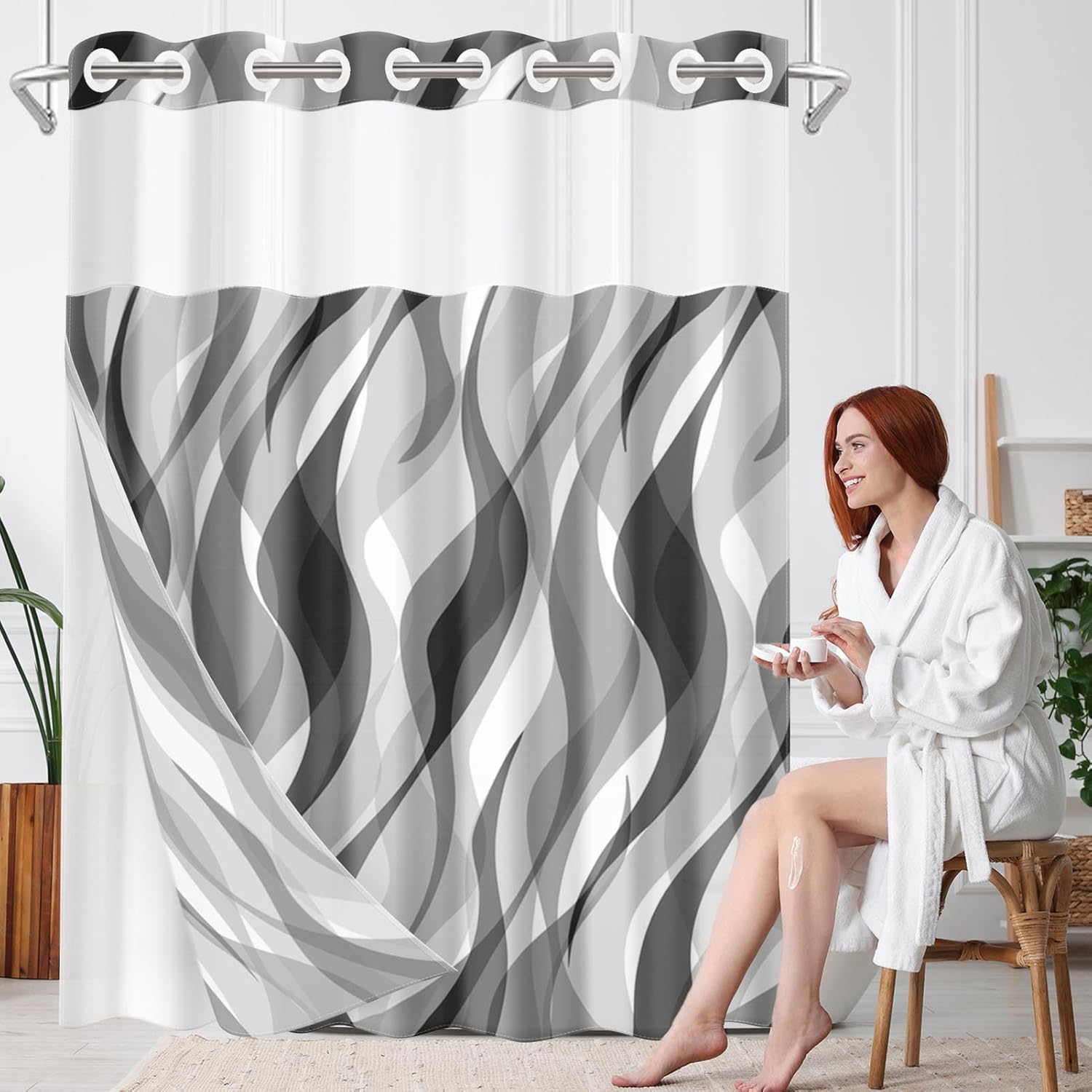 Nesphy No Hook Grey Shower Curtain Set with Clear Top Window 1