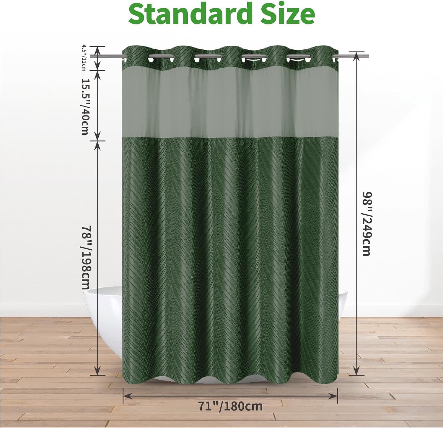 No Hook Dark Green Boho Shower Curtain Set with Snap Liner