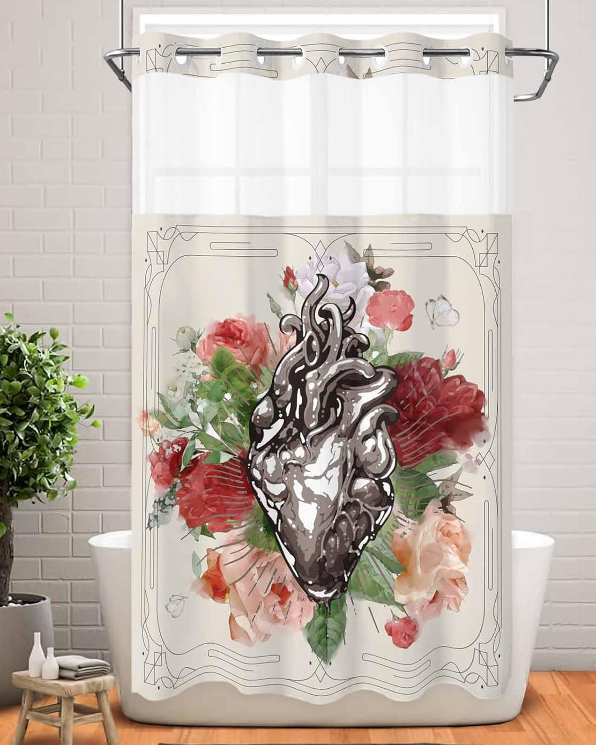 No Hook Botanical Heart Shower Curtain Set