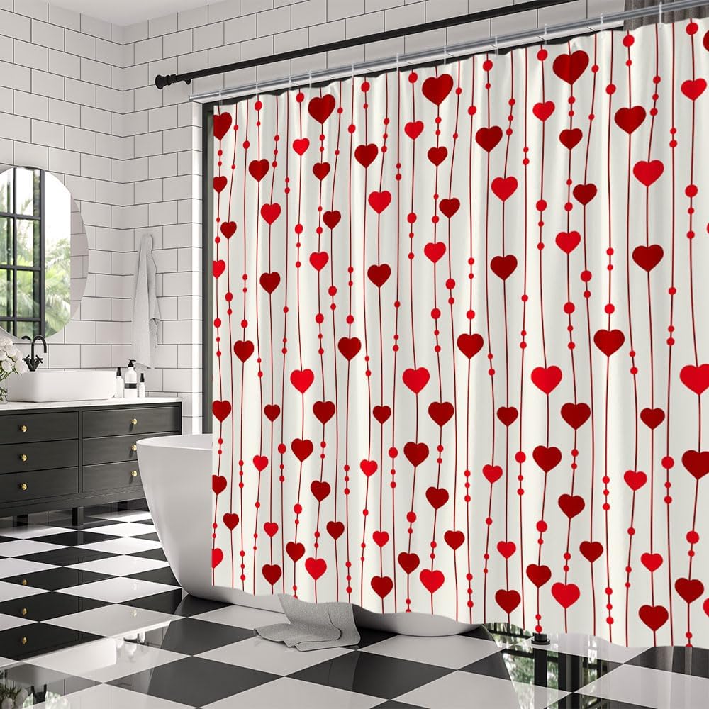 Red Heart Valentines Day Shower Curtain with Hooks