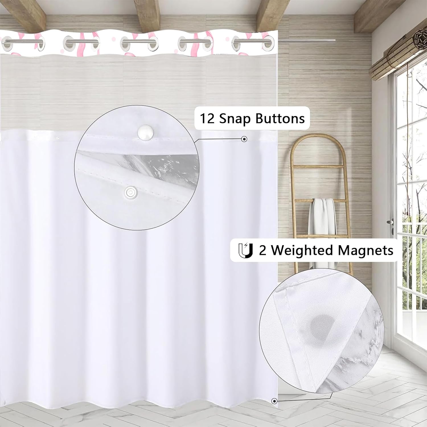 No Hook Pink Bow Shower Curtain with Liner Set