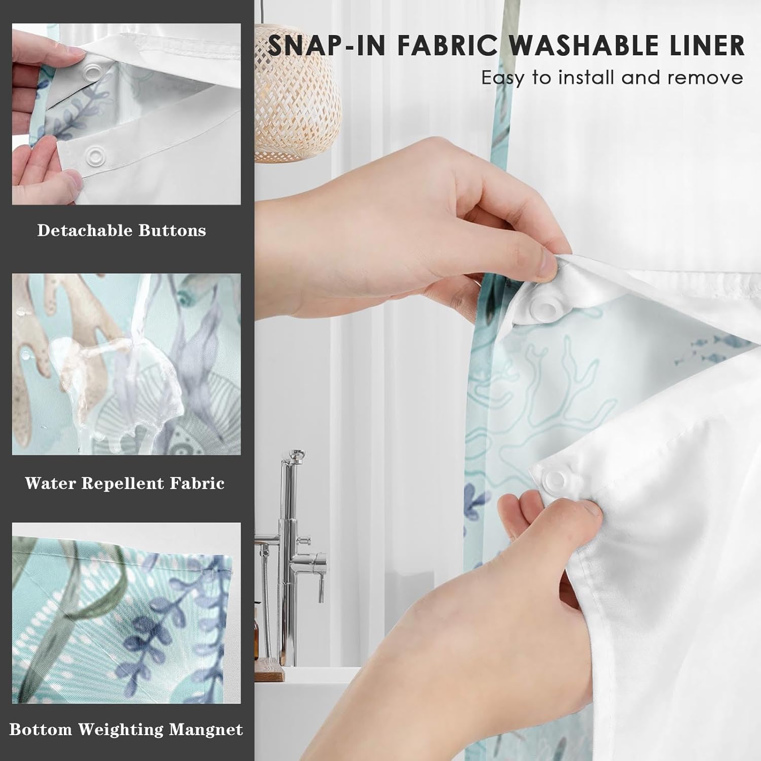 Nesphy Nautical Blue Sea Turtles Shower Curtain Set with Snap Lining