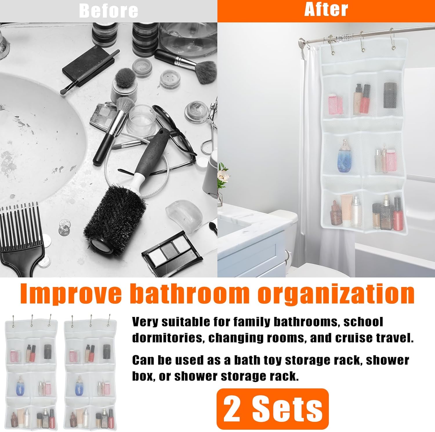 2 or 3 Pcs 7 Pockets Mesh Shower Caddy with Hooks
