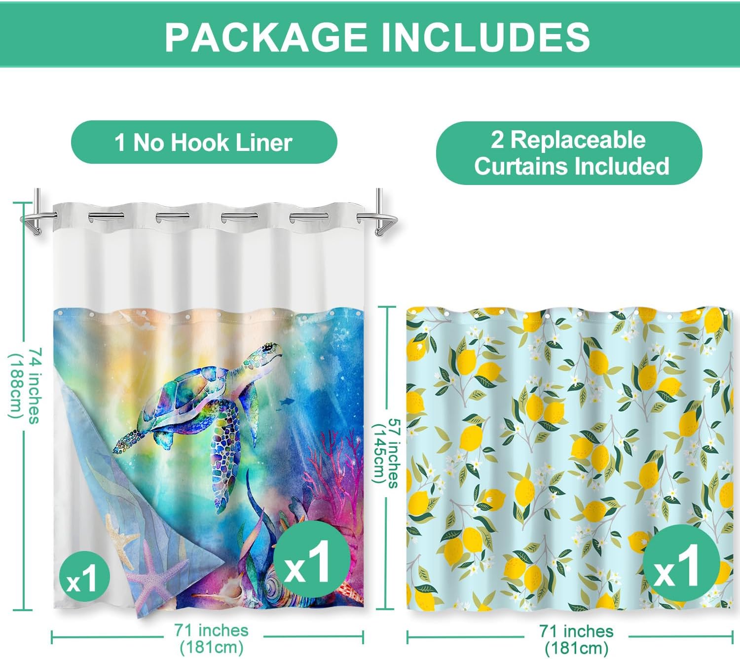 Lokigo Teal Blue Hookless Shower Curtain Set with Liner