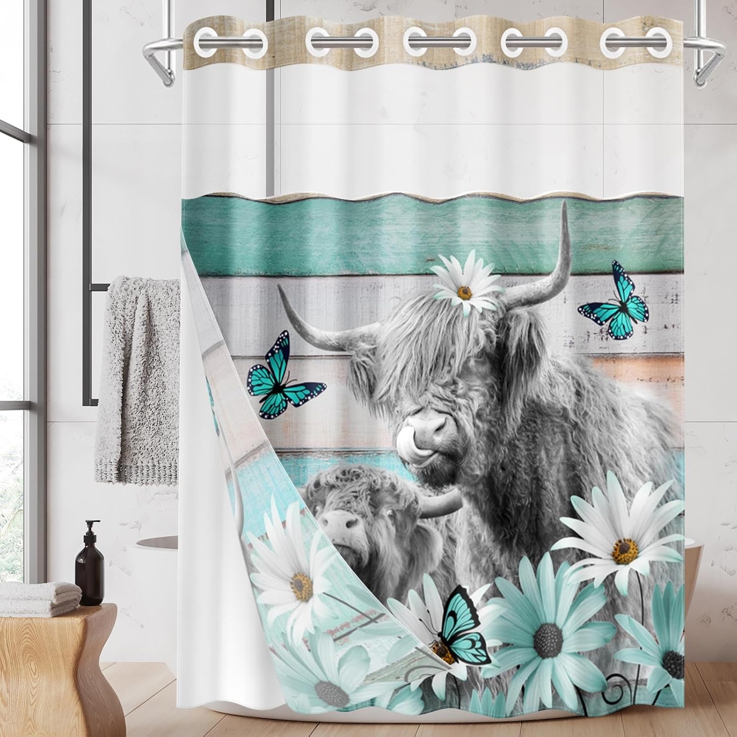 Nesphy No Hook Highland Cow Shower Curtain Set 1