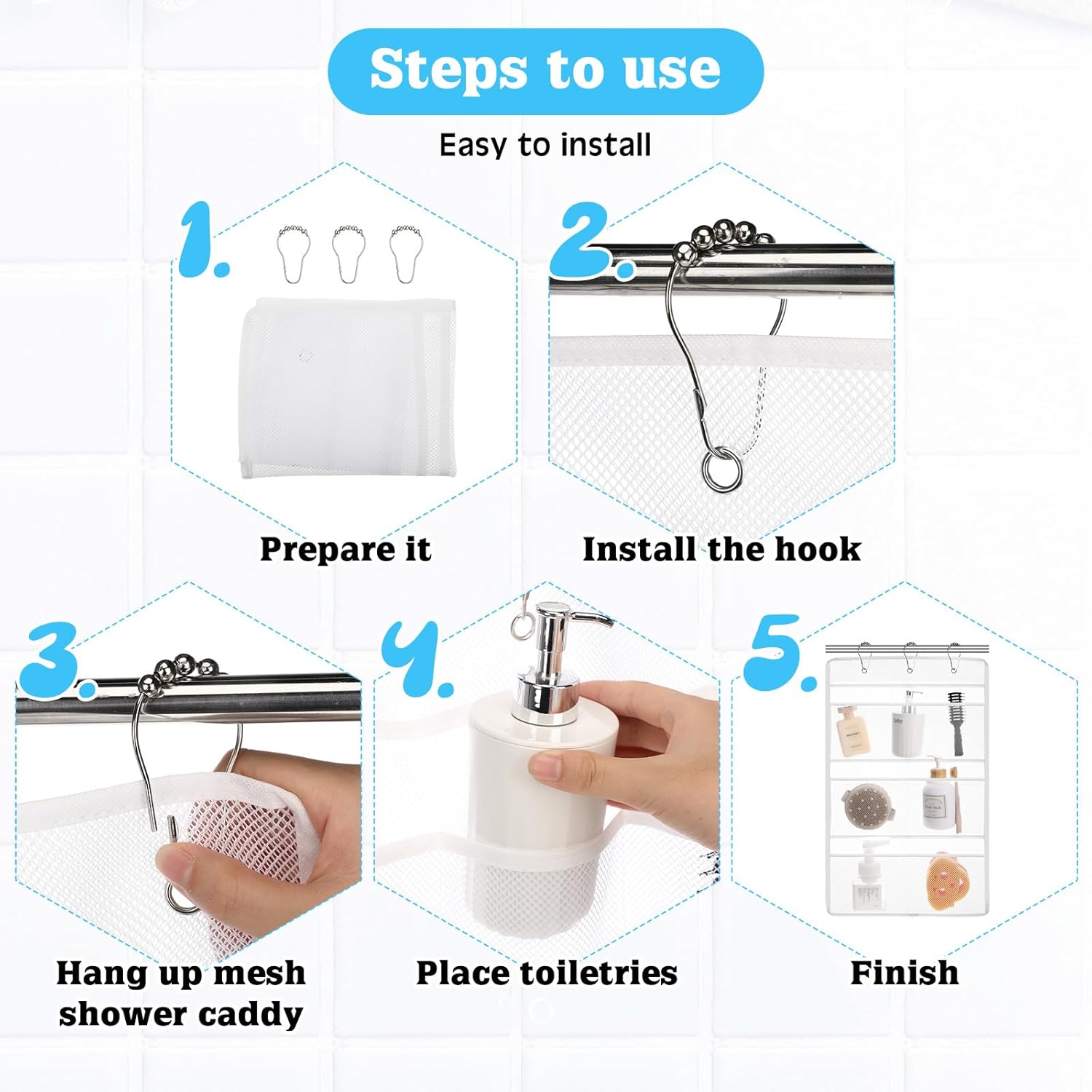 2 Pack 7 Pockets Mesh Shower Caddy with Metal Hangers - White