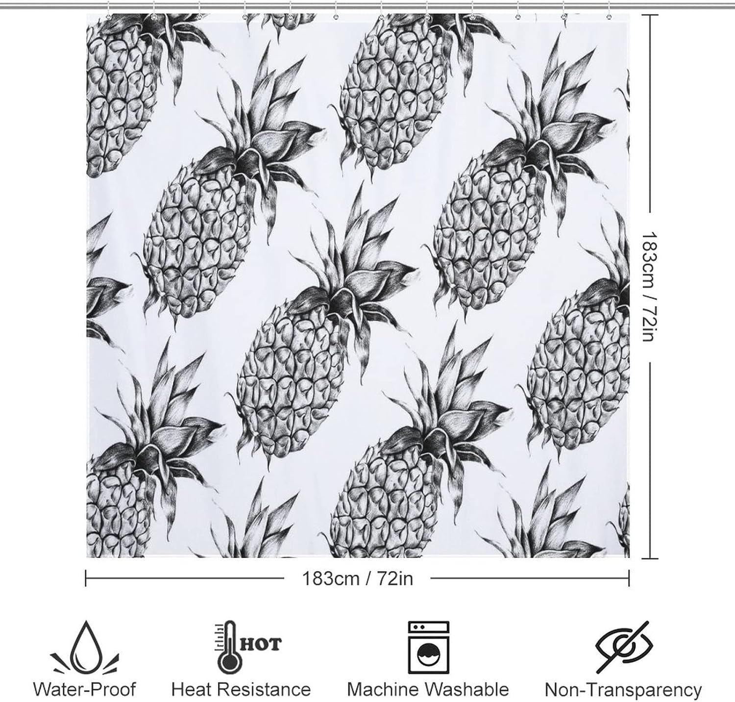 Fruit Pineapple Shower Curtain Set with Hooks 72x72inch