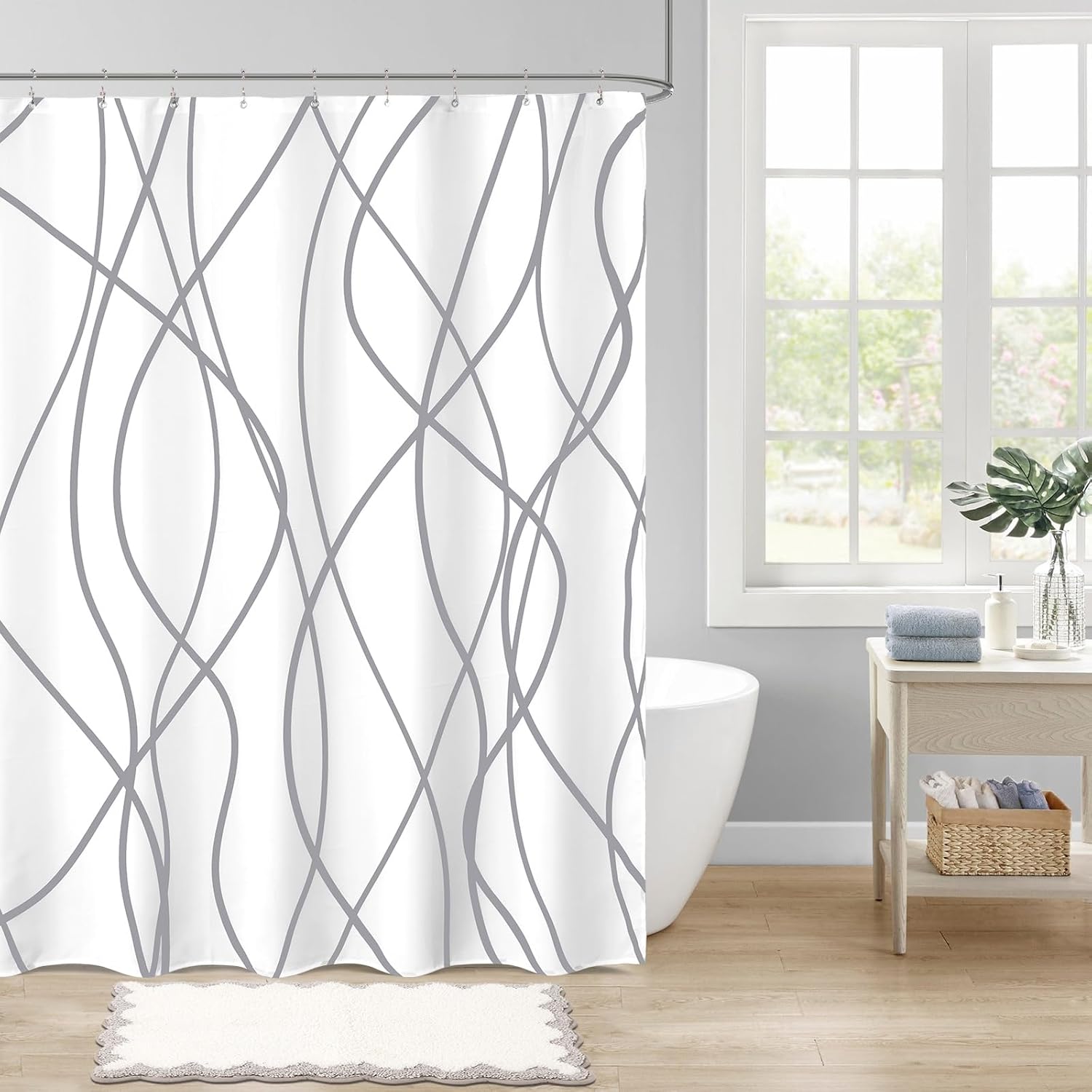 ORTIGIA 3-in-1 Shower Curtain Set Grey Wave Stripe