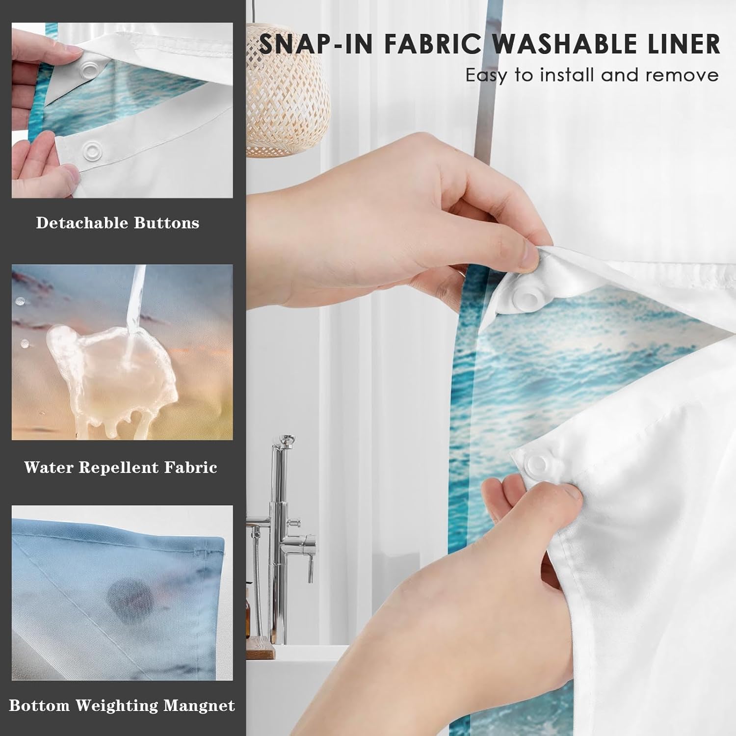 Nesphy No Hook Beach Shower Curtain Set 71x74 Inch