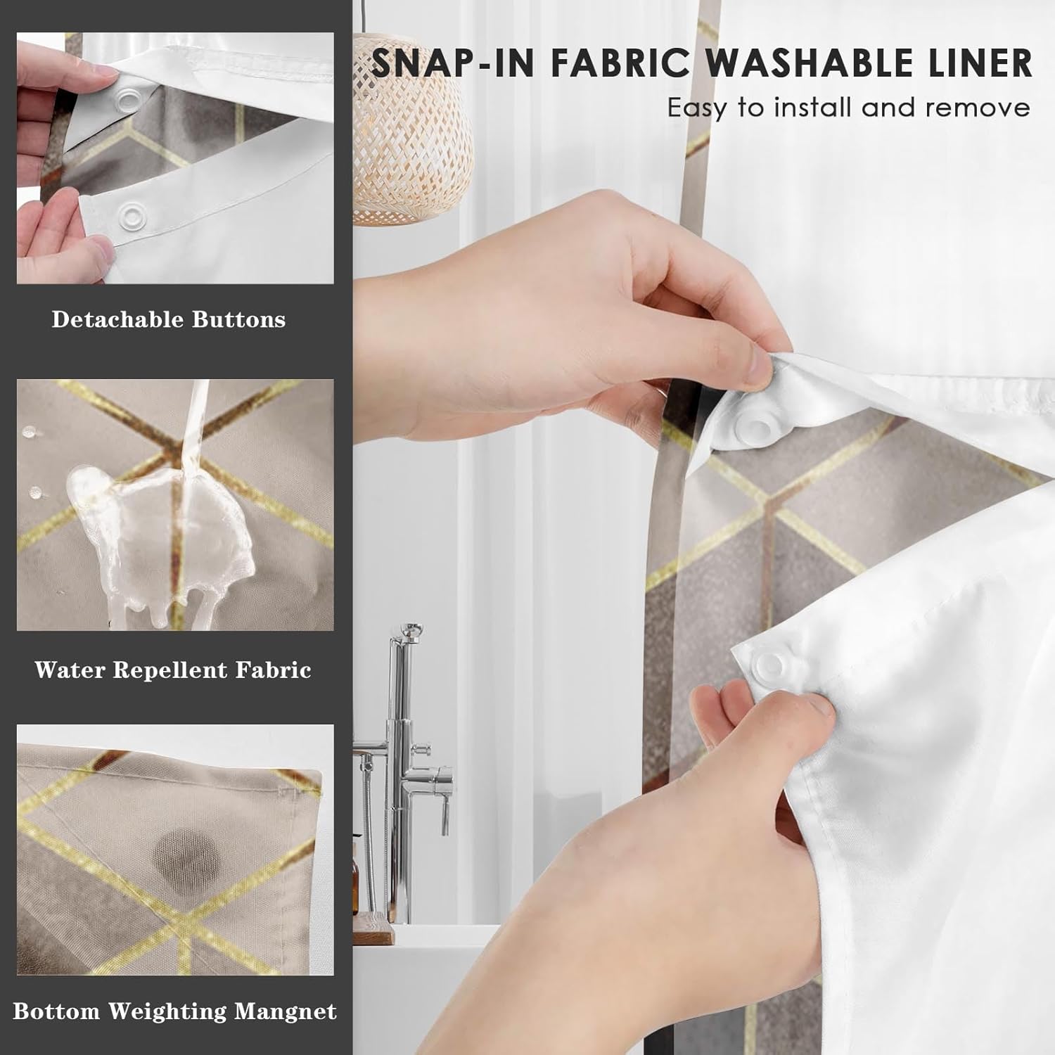 Nesphy No Hook Brown Shower Curtain Set with Clear Top Window