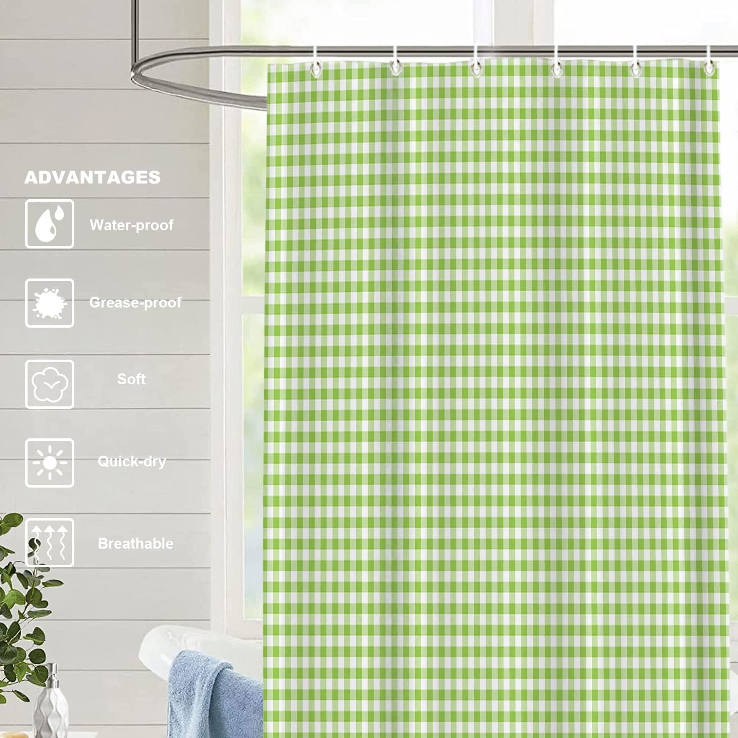 Apple Green Plaid Decor Shower Curtain 36x72 Inch
