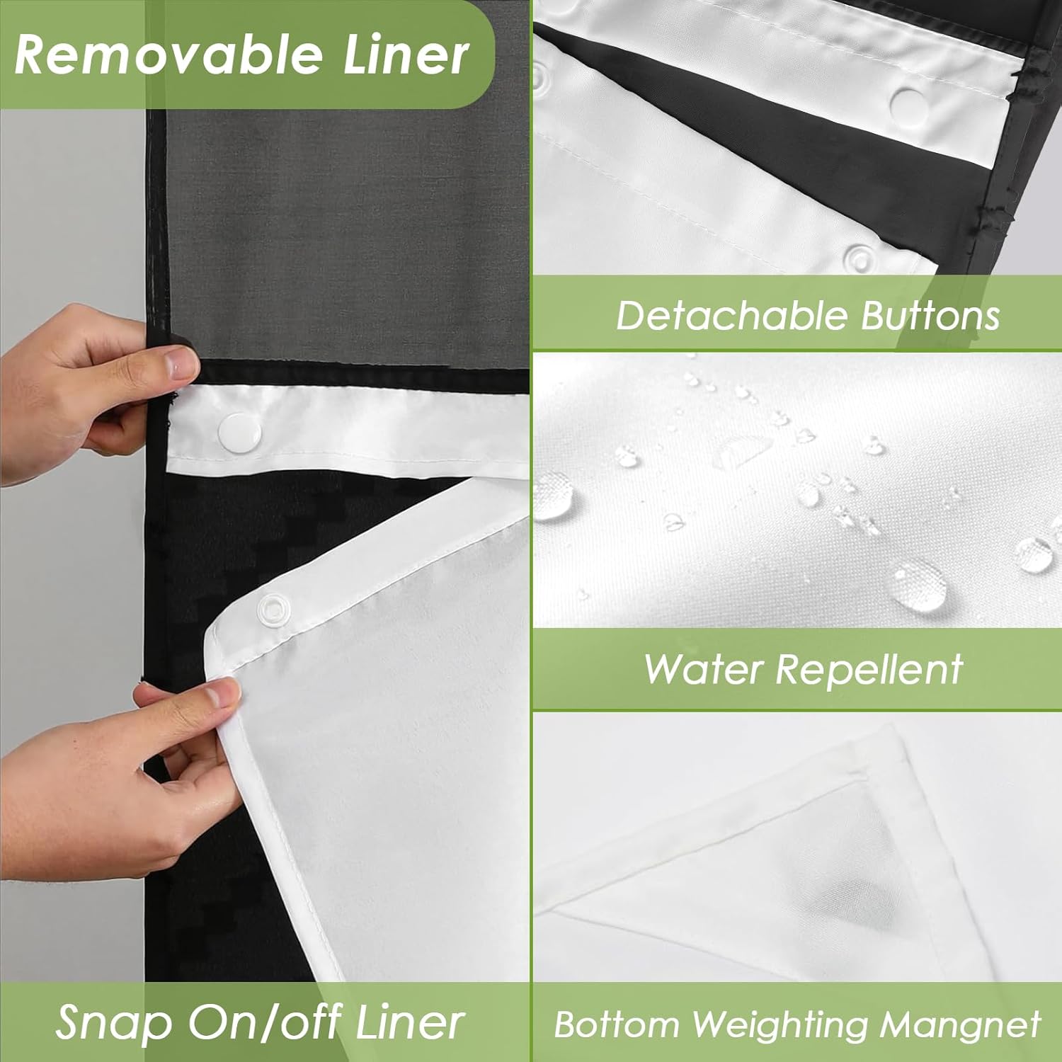 Nesphy Hookless Boho Shower Curtain Set Black Chevron Textured Double Layers Waterproof Liner