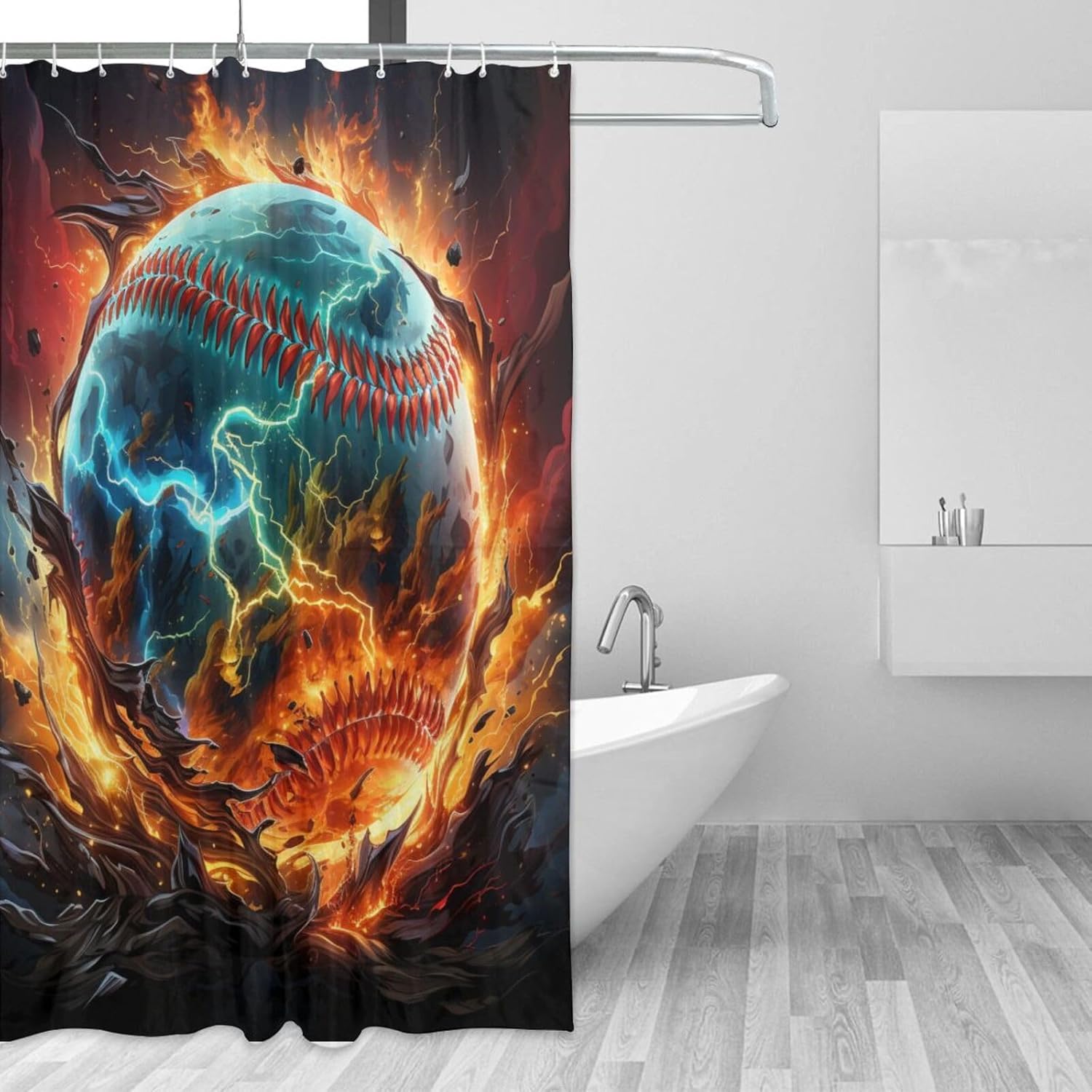 Red Flame Baseball Shower Curtain Set with 12 Hooks 1
