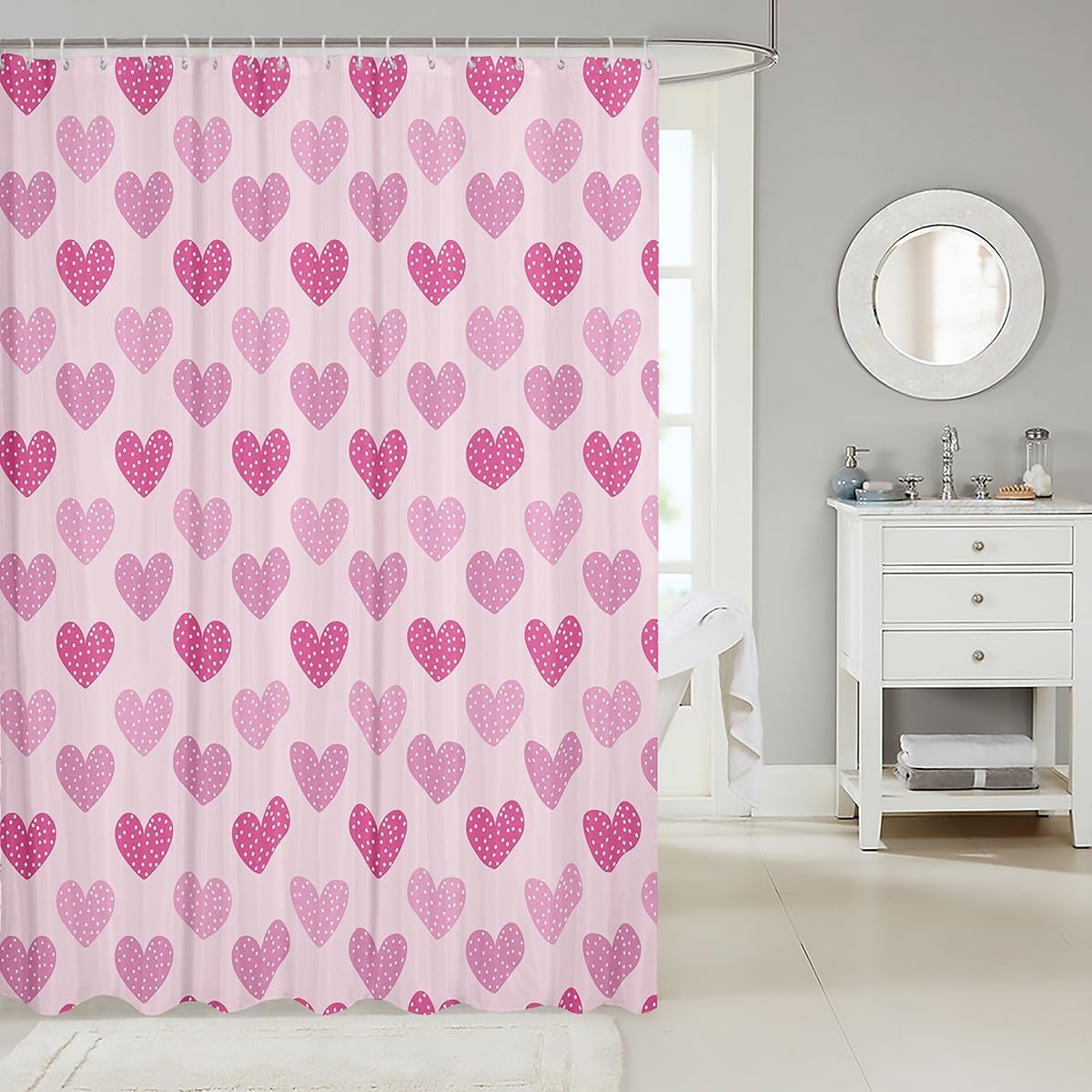 jejeloiu Pink Heart Shower Curtain Set 72x72 Waterproof