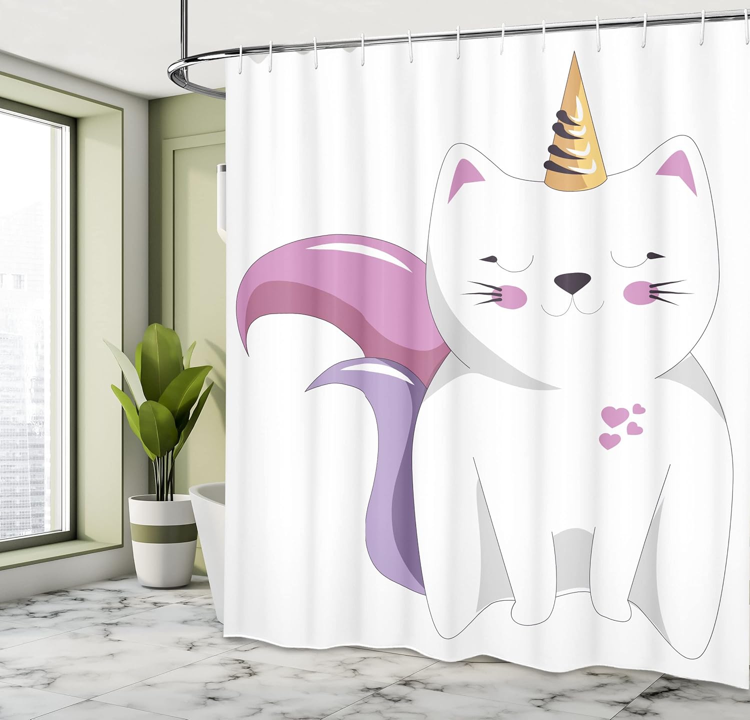 Ambesonne Unicorn Cat Shower Curtain Set with Hooks