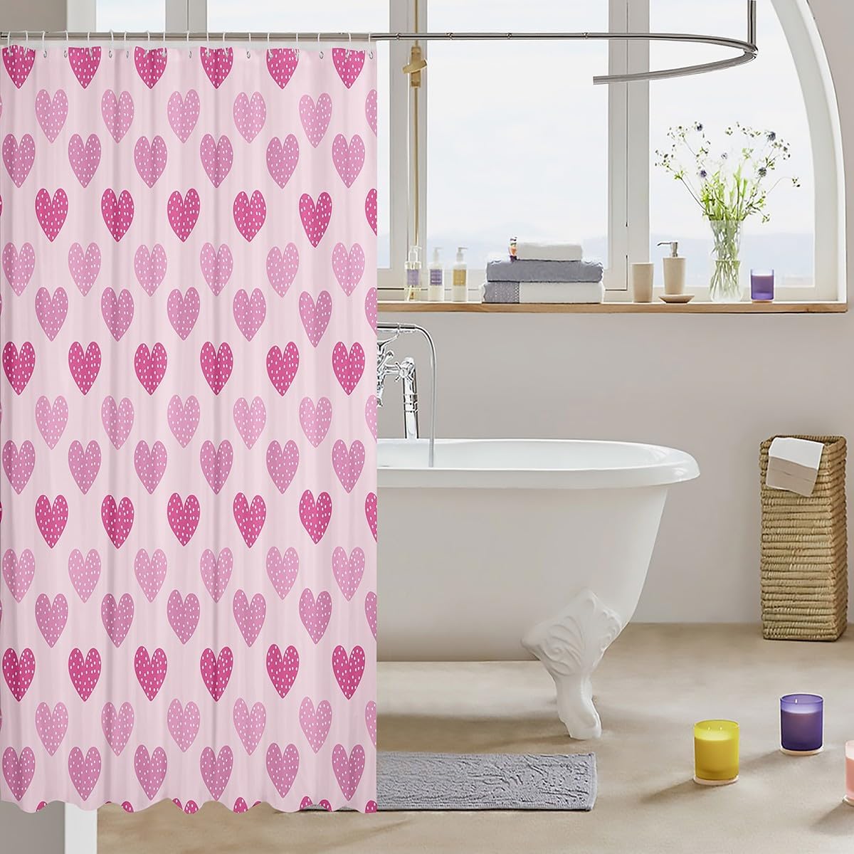 jejeloiu Pink Heart Shower Curtain Set 72x72 Waterproof