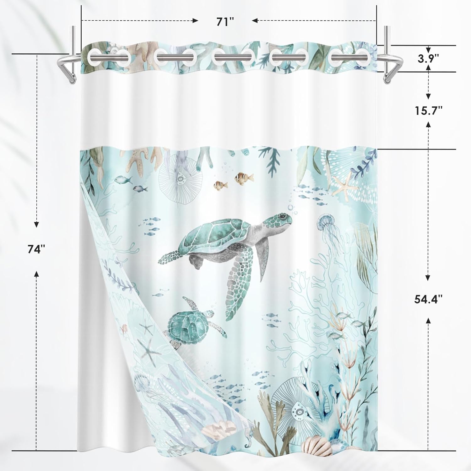 Nesphy Nautical Blue Sea Turtles Shower Curtain Set with Snap Lining