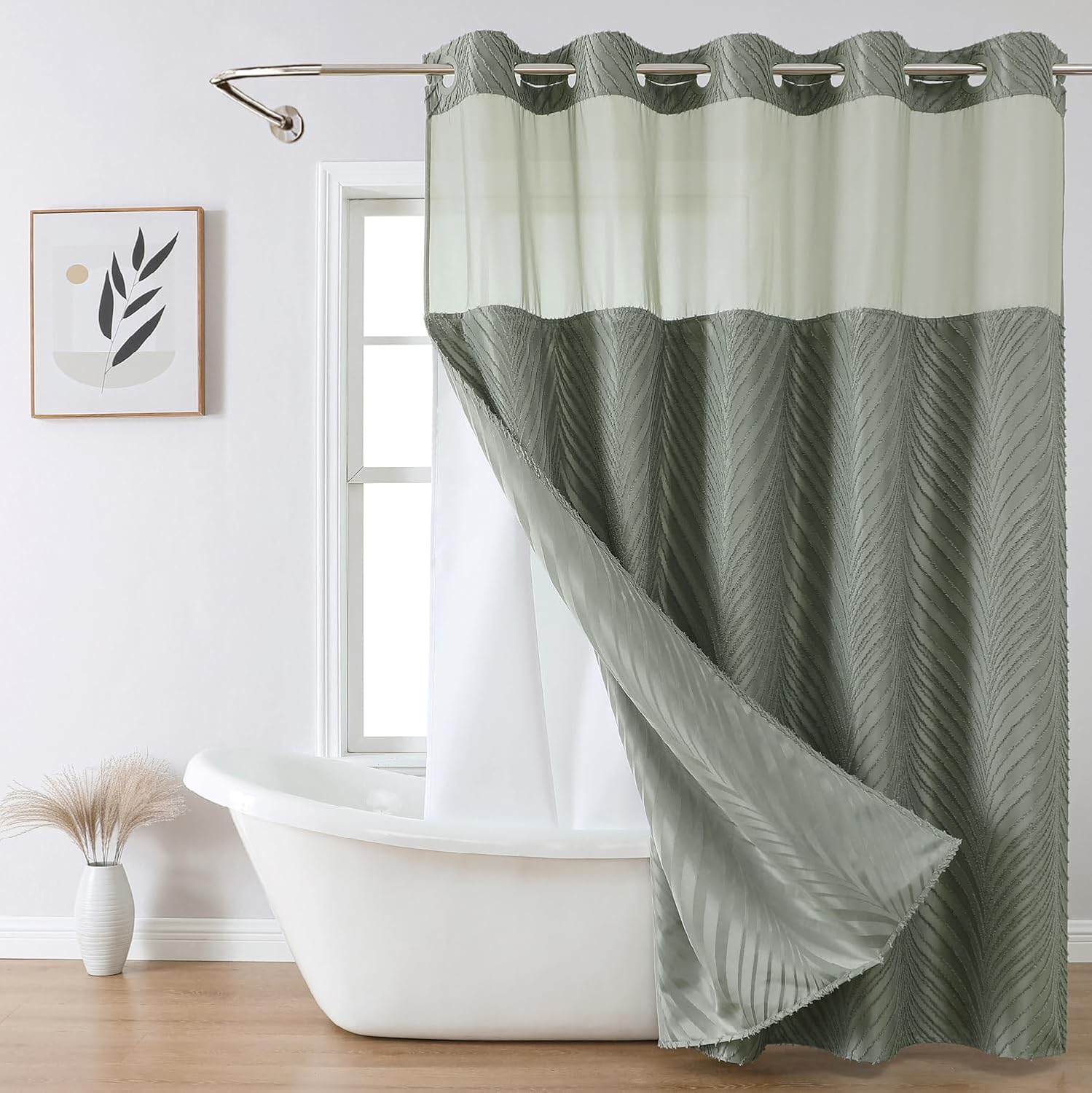 SageGreen Boho Shower Curtain Set No Hook