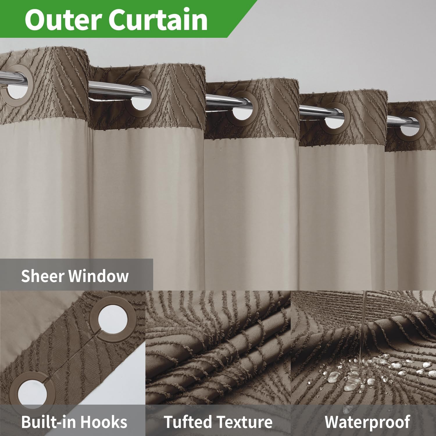 No Hook Boho Shower Curtain Set with Tufted Stripes and Snap Liner