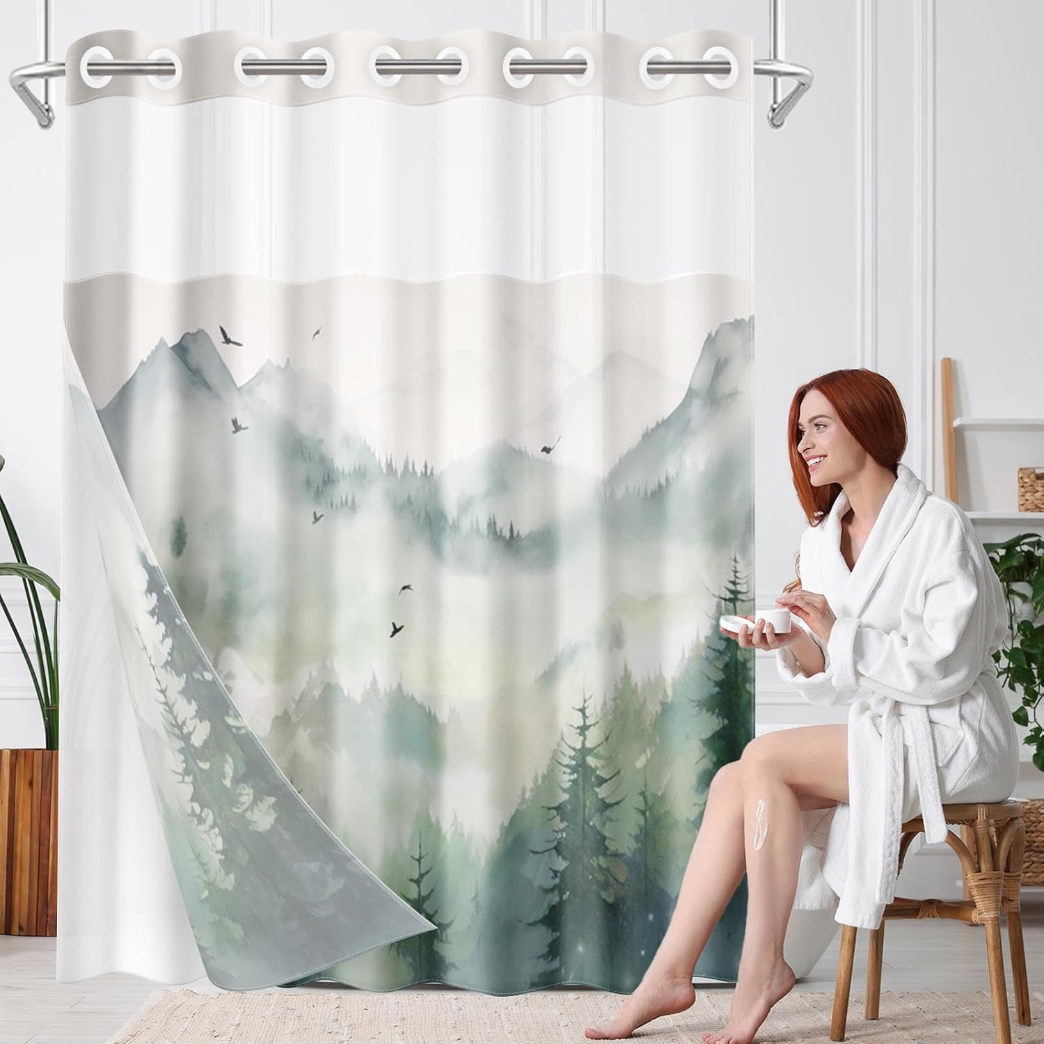 Nesphy No Hook Landscape Forest Shower Curtain Set