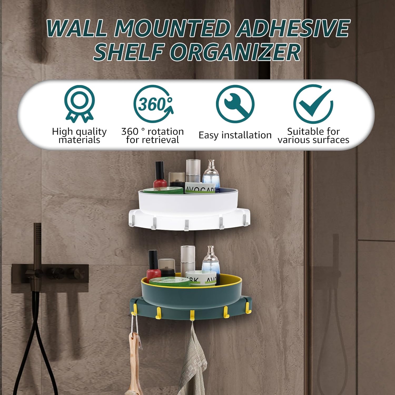 2 Pcs Corner Shower Caddy with 360 Rotating Design