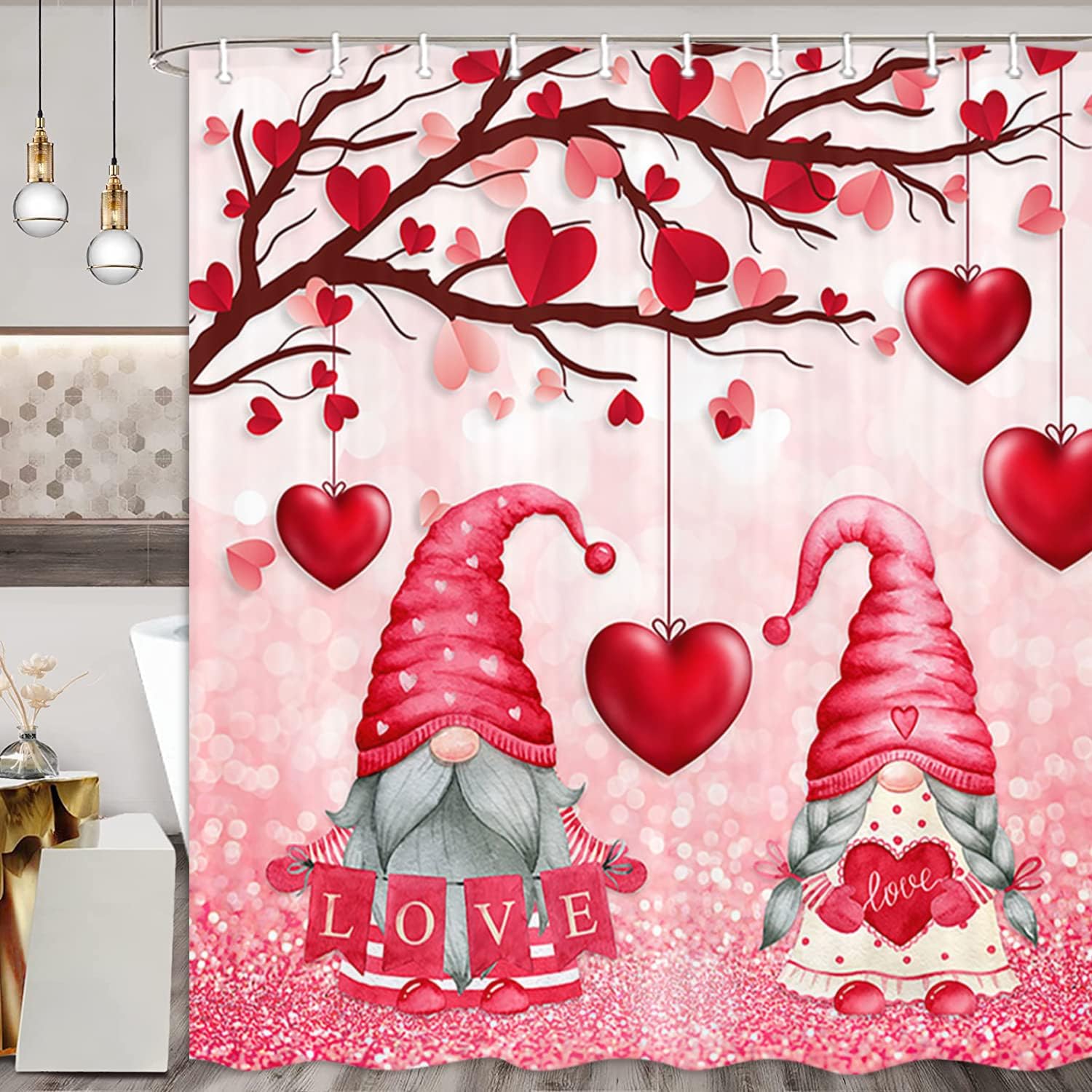 Pink Glitter Shower Curtain with Heart Design