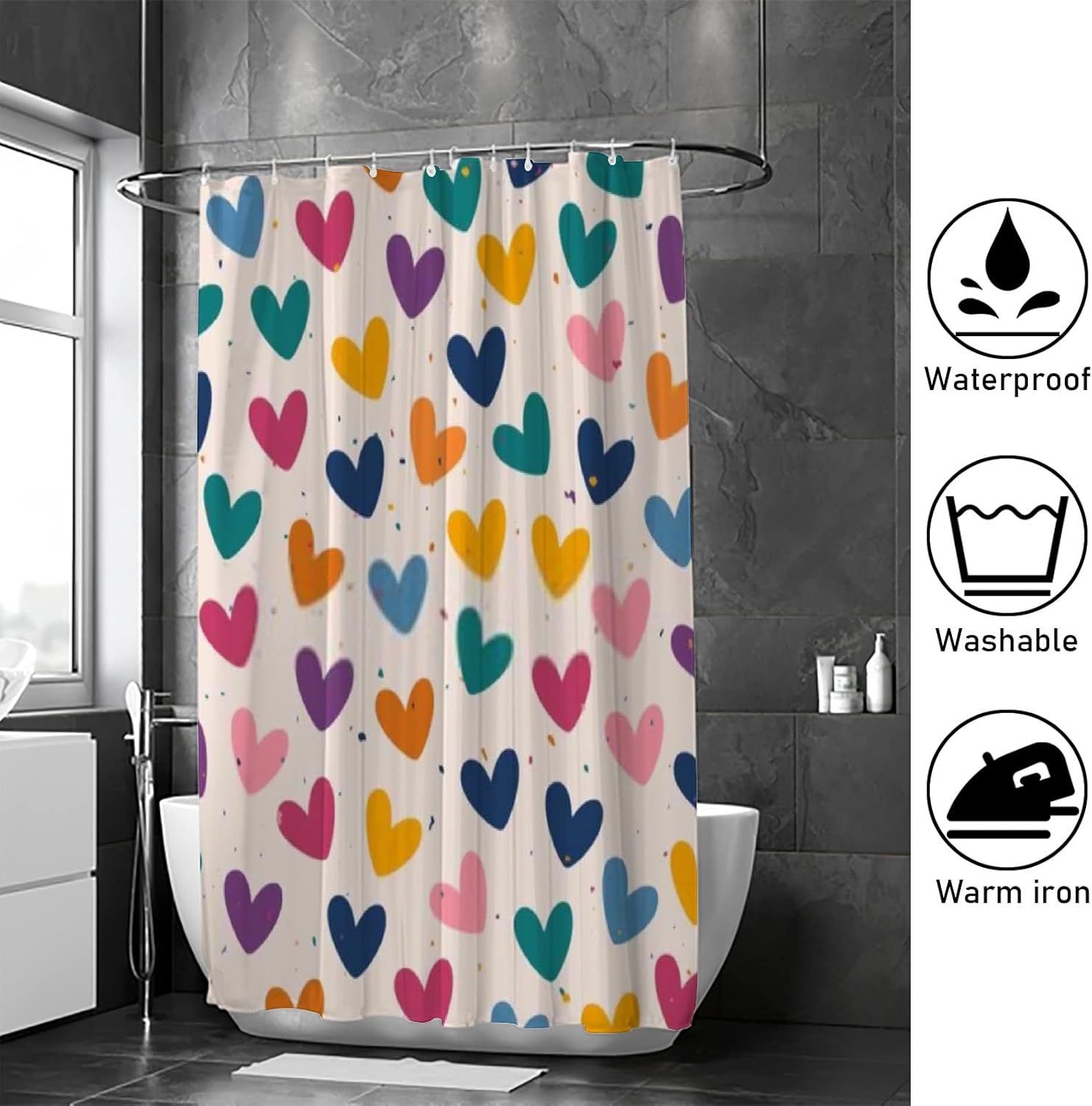 Hapuxt Heart Design Waterproof Shower Curtain with 12 Hooks