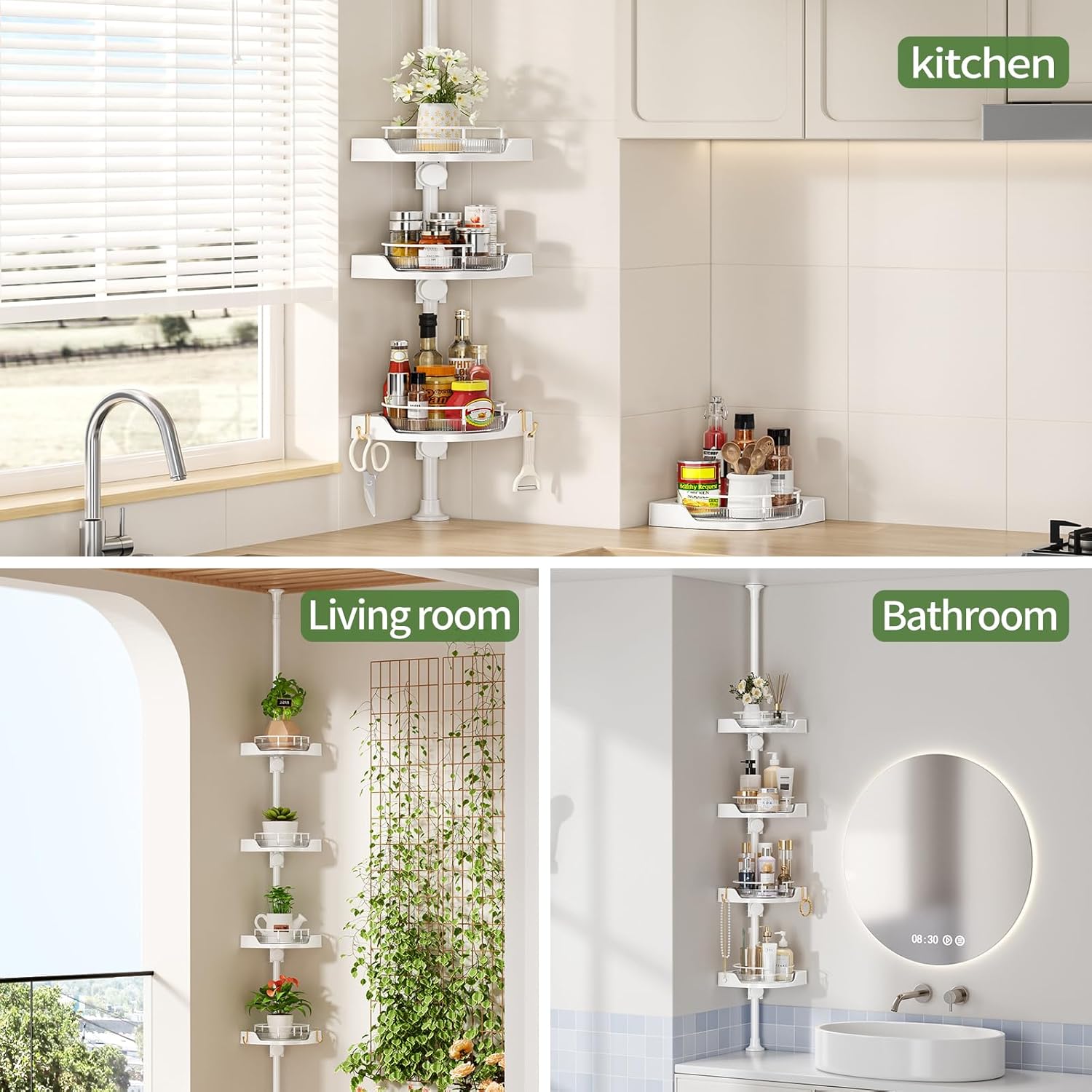 Adjustable Corner Shower Caddy with 4 L-Lazy Susan Baskets