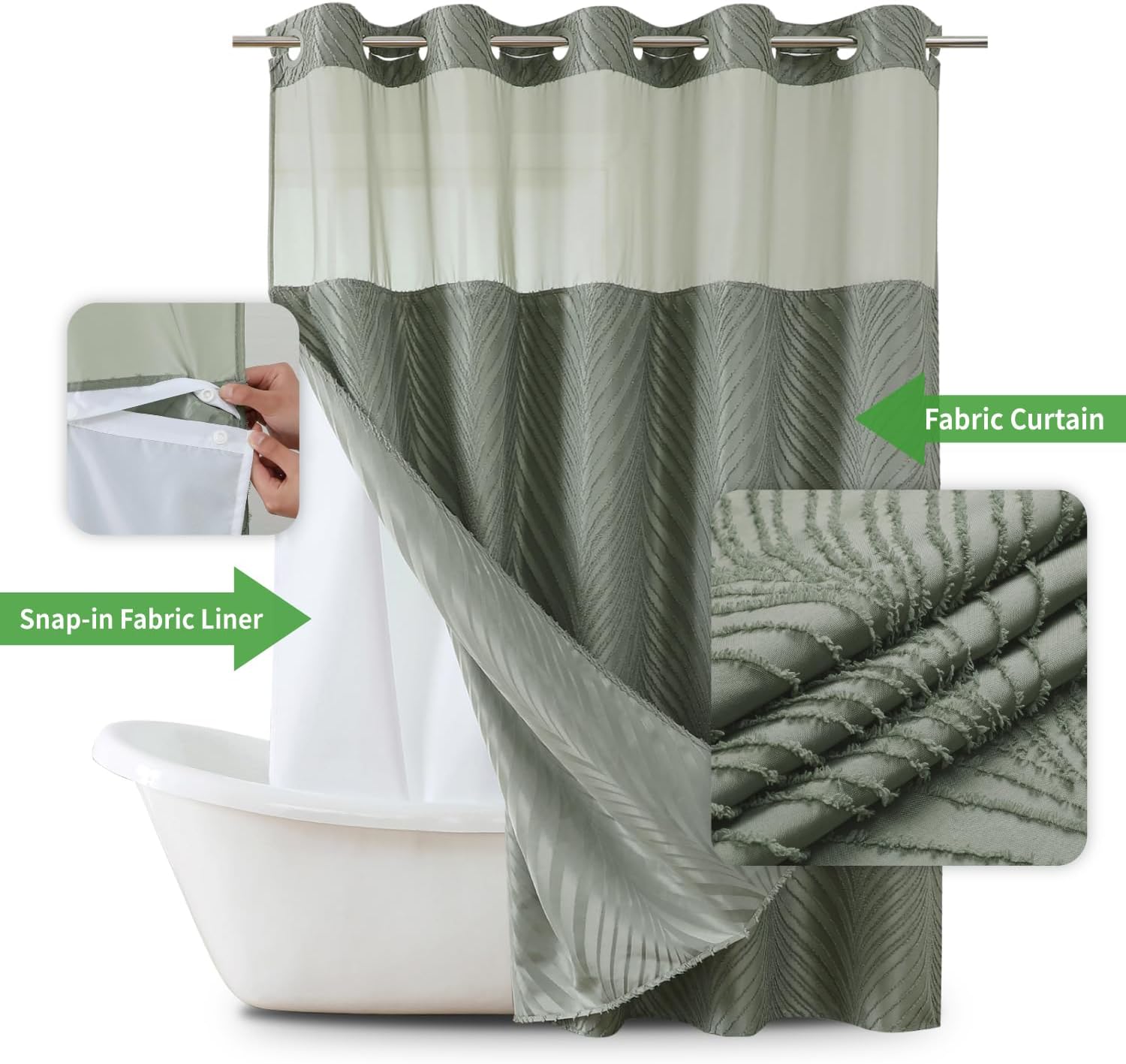 SageGreen Boho Shower Curtain Set No Hook