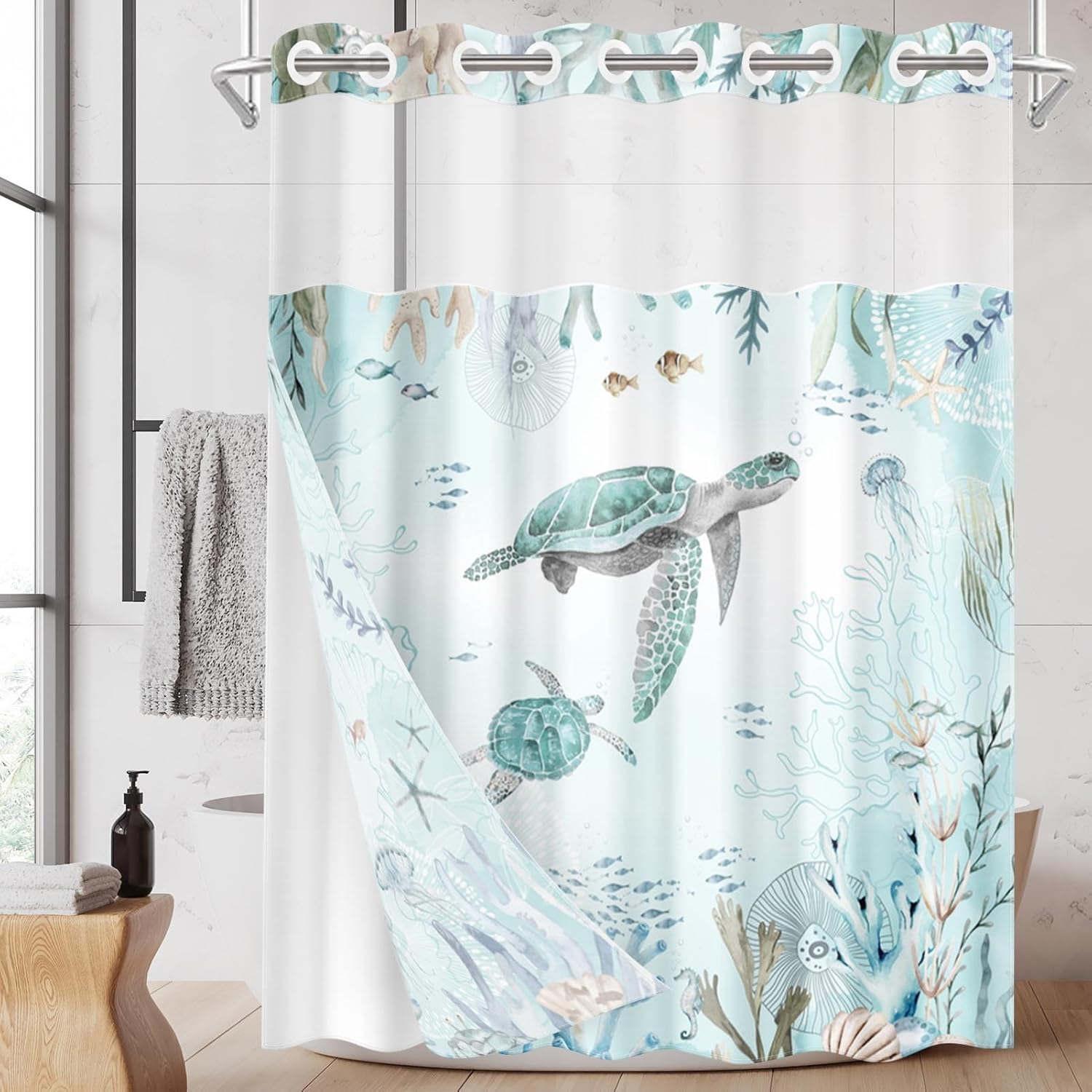 Nesphy Nautical Blue Sea Turtles Shower Curtain Set with Snap Lining