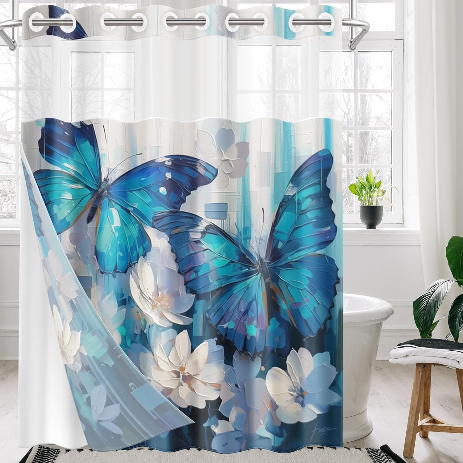 Nesphy No Hook Blue Butterfly Shower Curtain Set 1