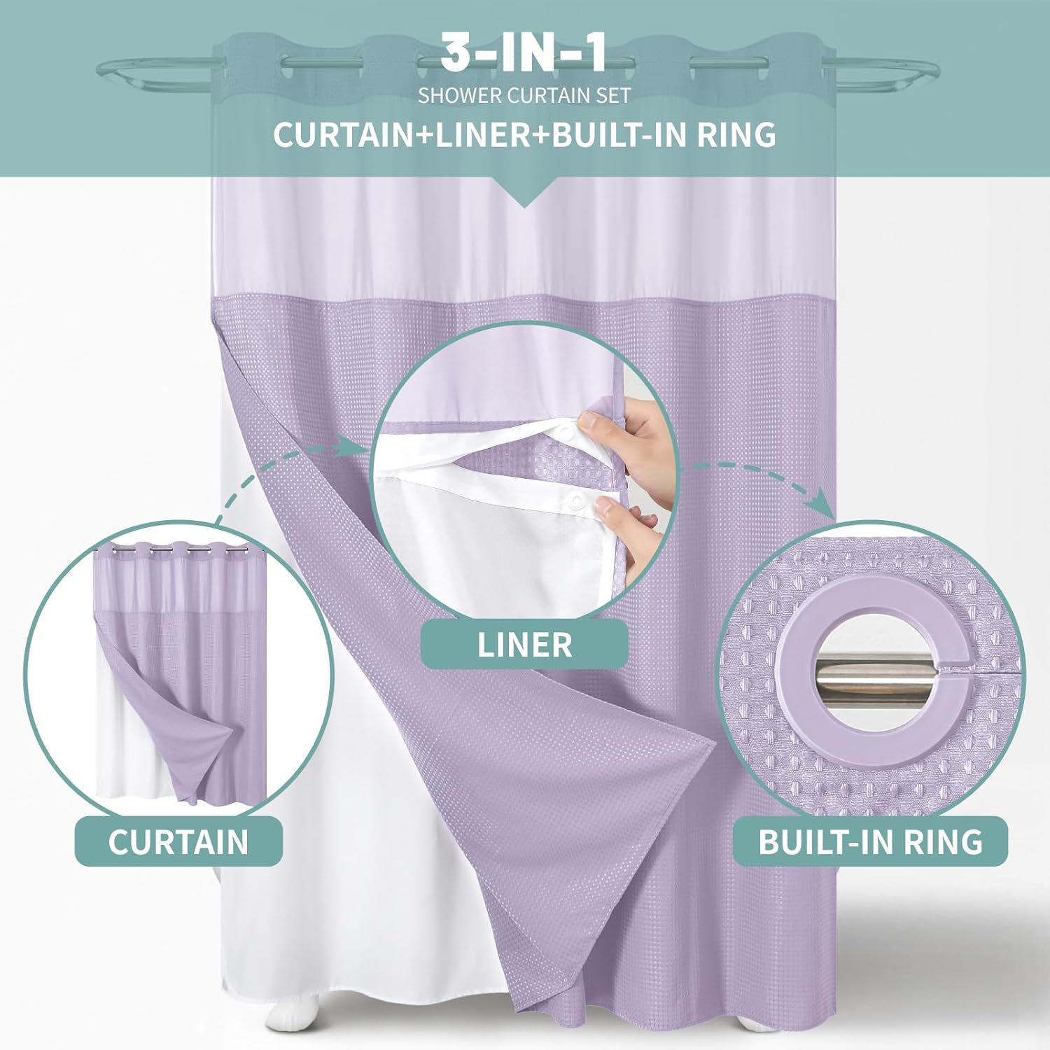 Lavender Waffle Weave Shower Curtain Set with Snap-In Liner 71x86 Inches