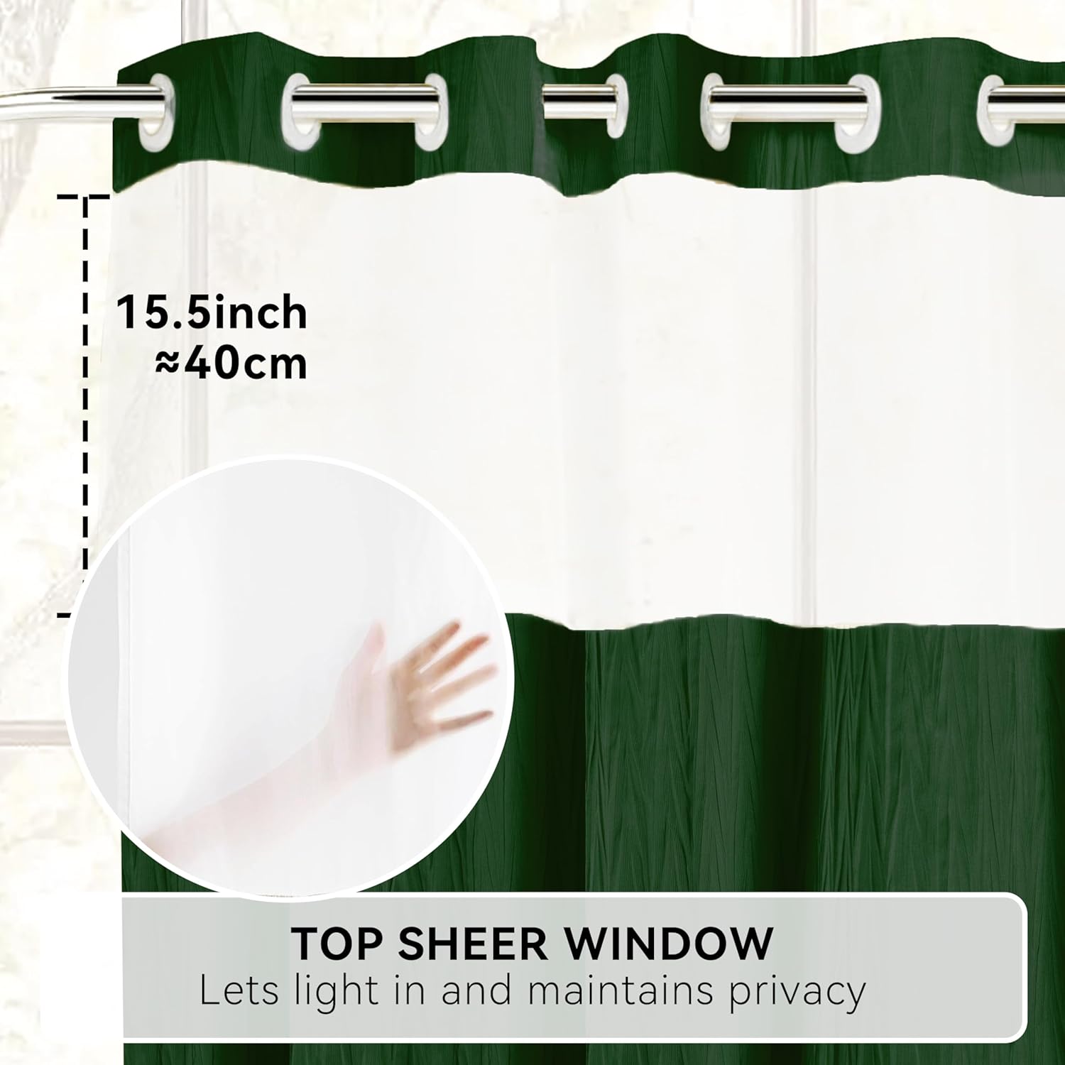 Dark Green Crumpled Texture Shower Curtain Set with Snap-in Liner