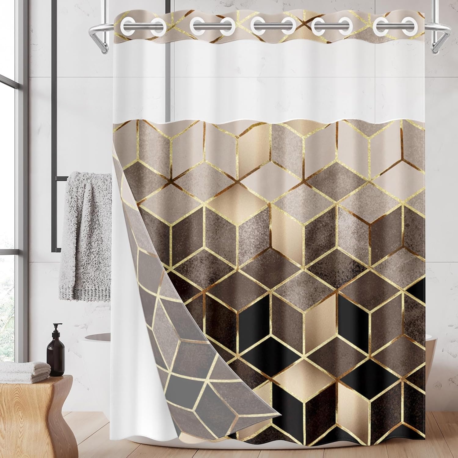 Nesphy No Hook Brown Shower Curtain Set with Clear Top Window