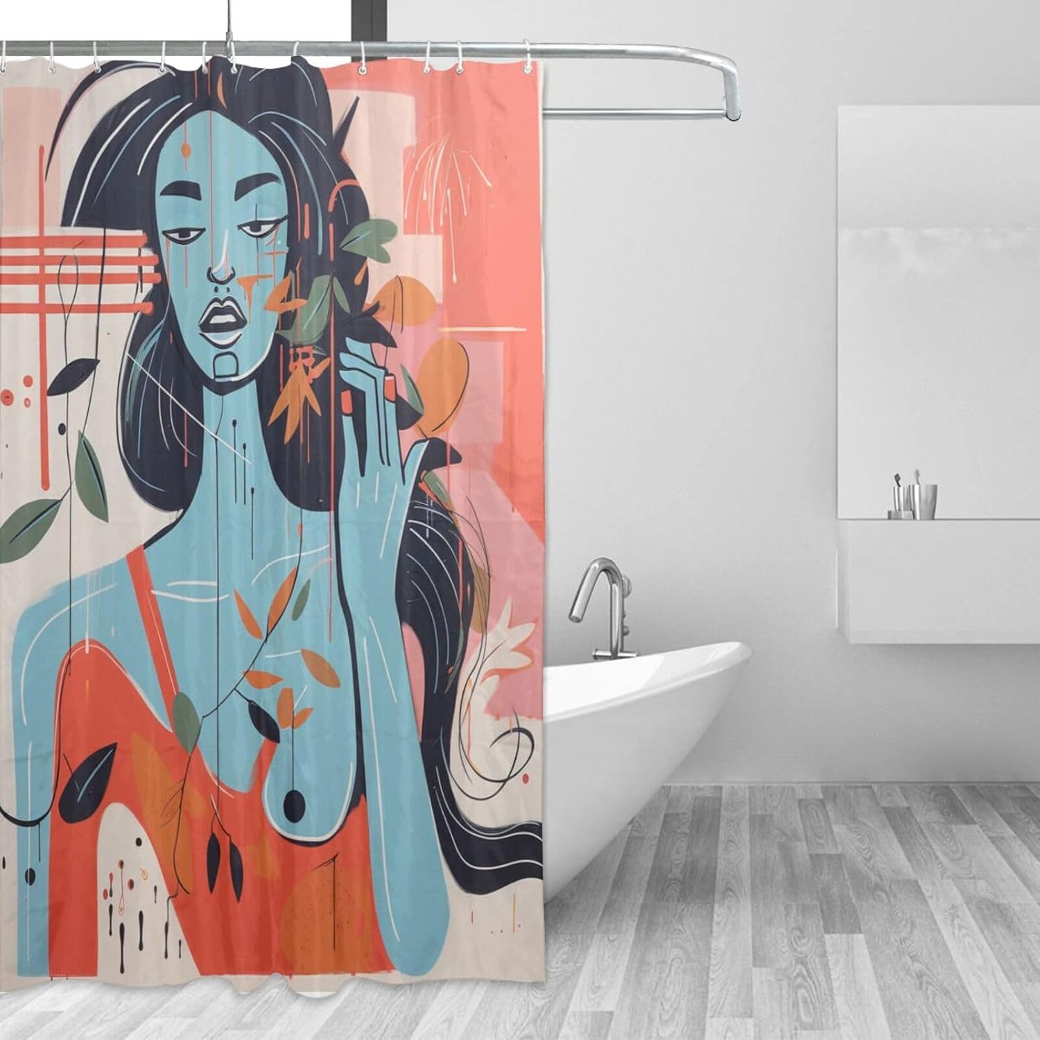 DAOWANGZUO Abstract Orange Flower Leaves Boho Shower Curtain Set 72x72in