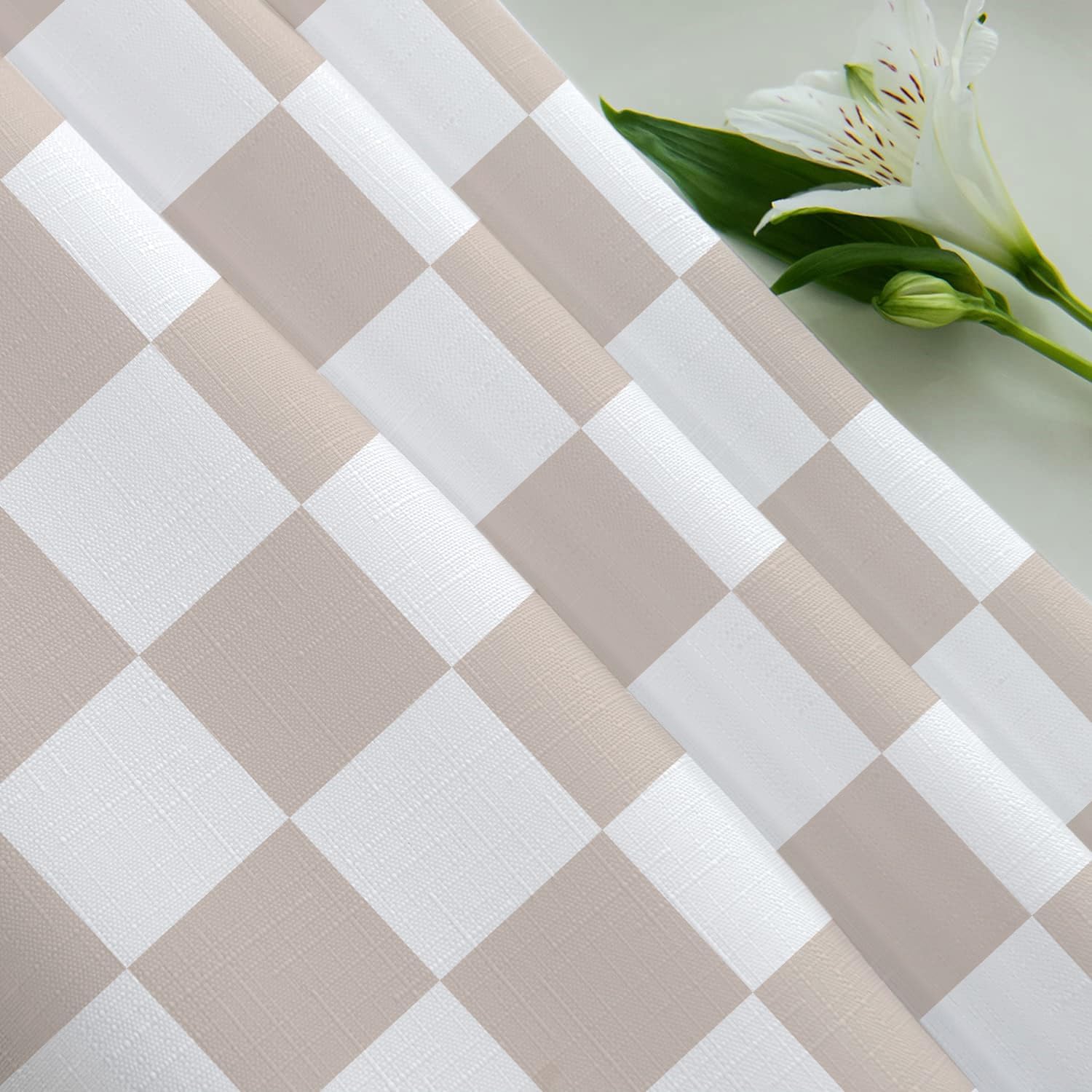 Tititex Aesthetic Checkerboard Faux Linen Shower Curtain 71x71 Inch with 12 Hooks