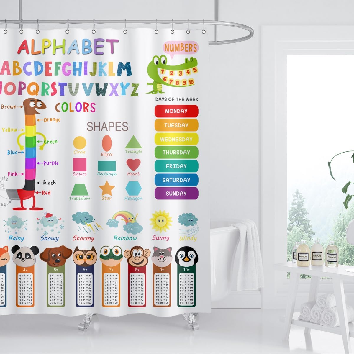 ABC Educational Shower Curtain with Hooks for Kids
