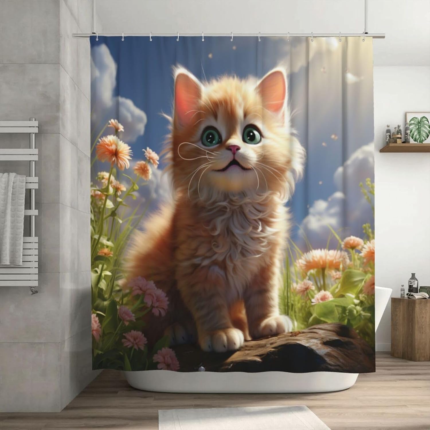 Brown Cat Boho Shower Curtain Set with 12 Hooks 72x72in 1