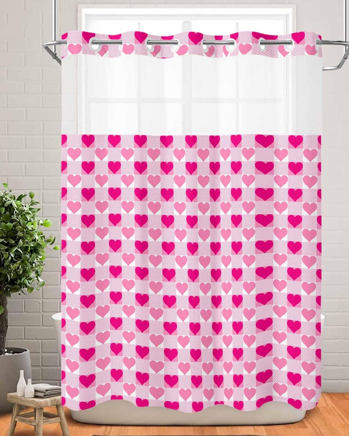 Anzona Valentine Plaid No Hook Shower Curtain Set 72x96