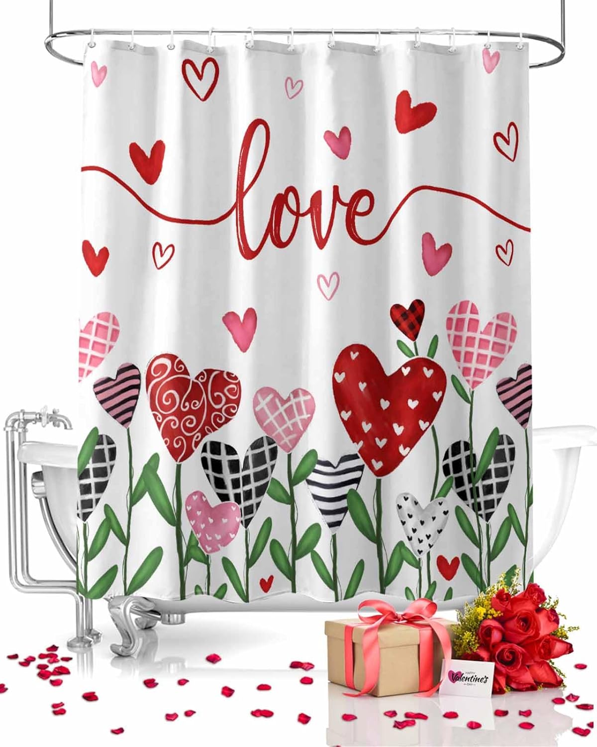 Vandarllin Pink Red Heart Shower Curtain Set 72x72