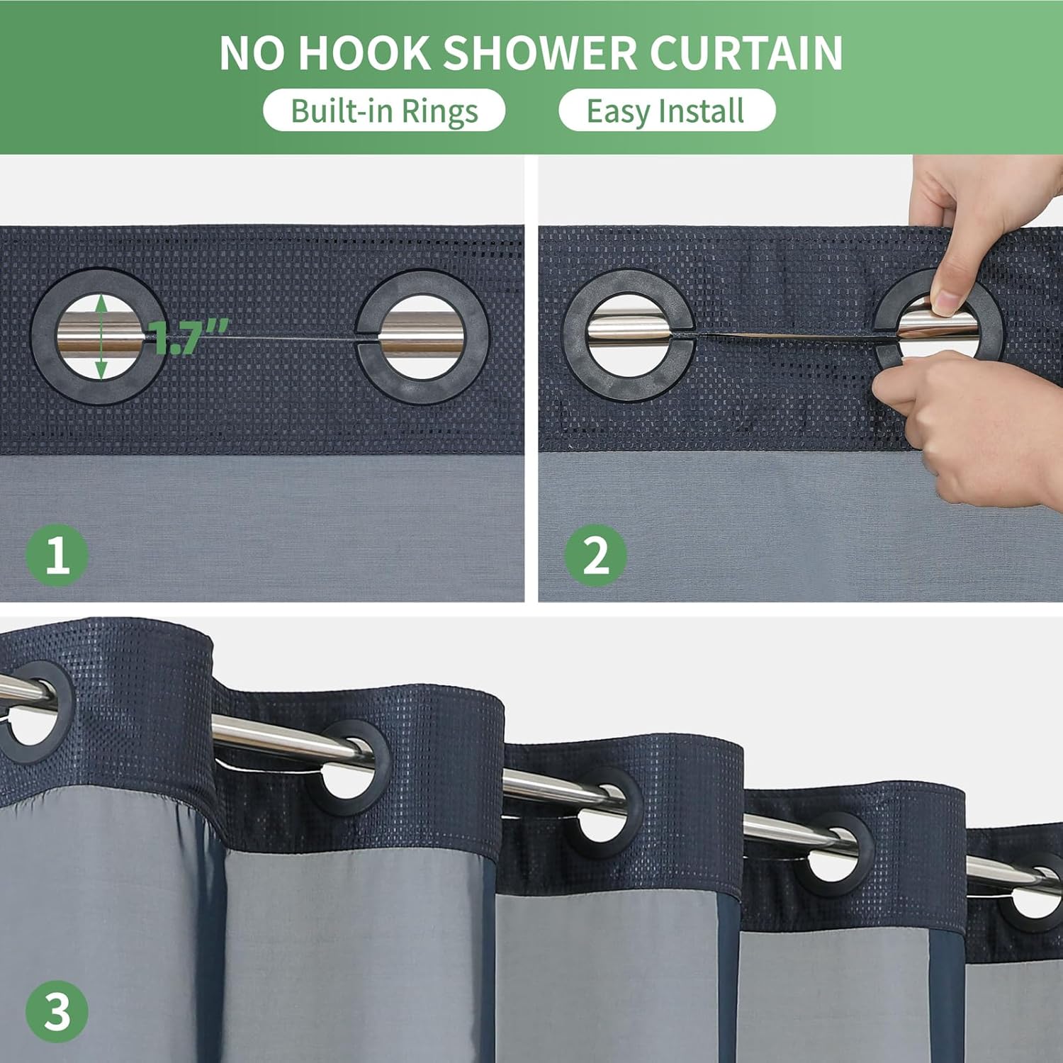 Eachope Stall No Hook Shower Curtain Set Navy Waffle Weave