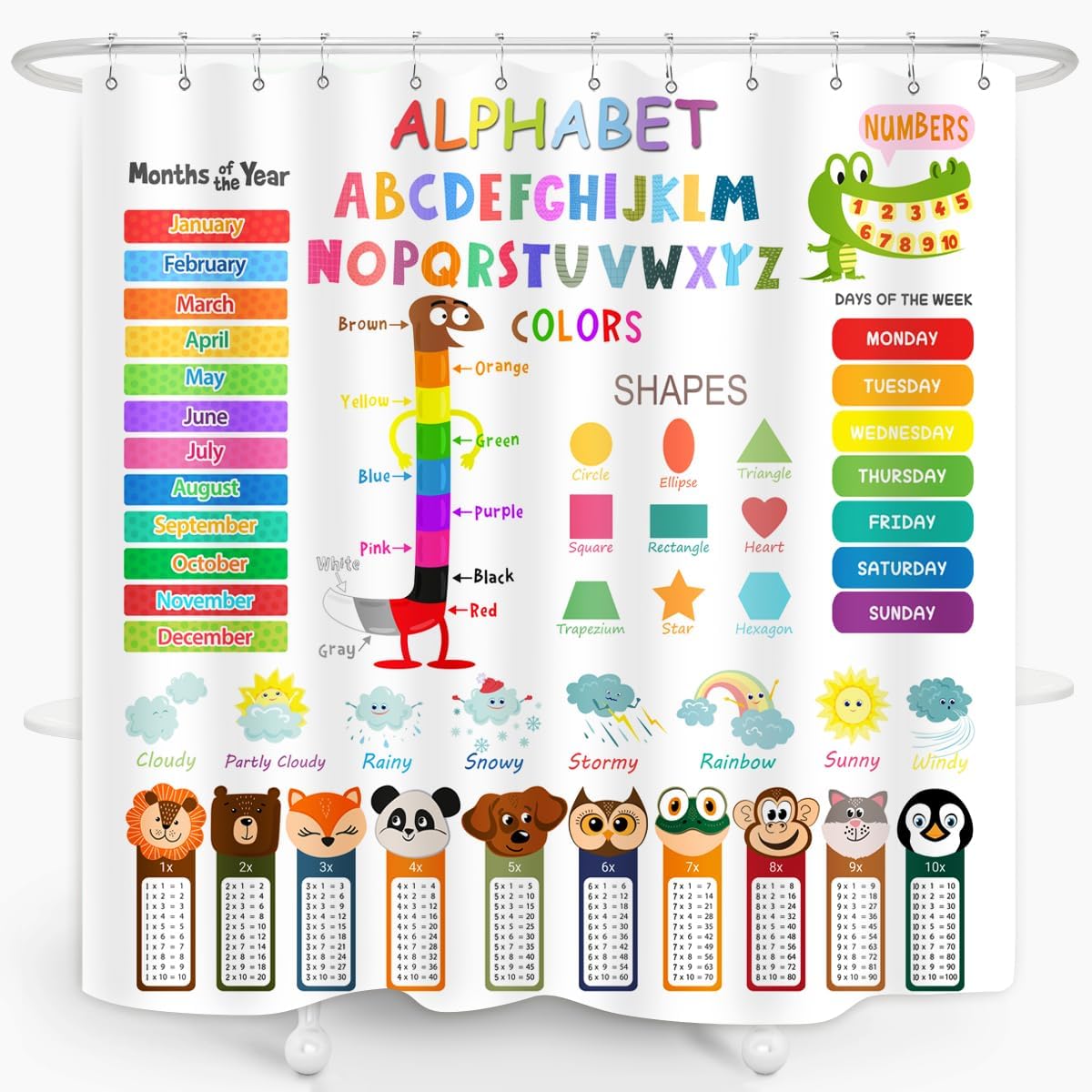 ABC Educational Shower Curtain with Hooks for Kids