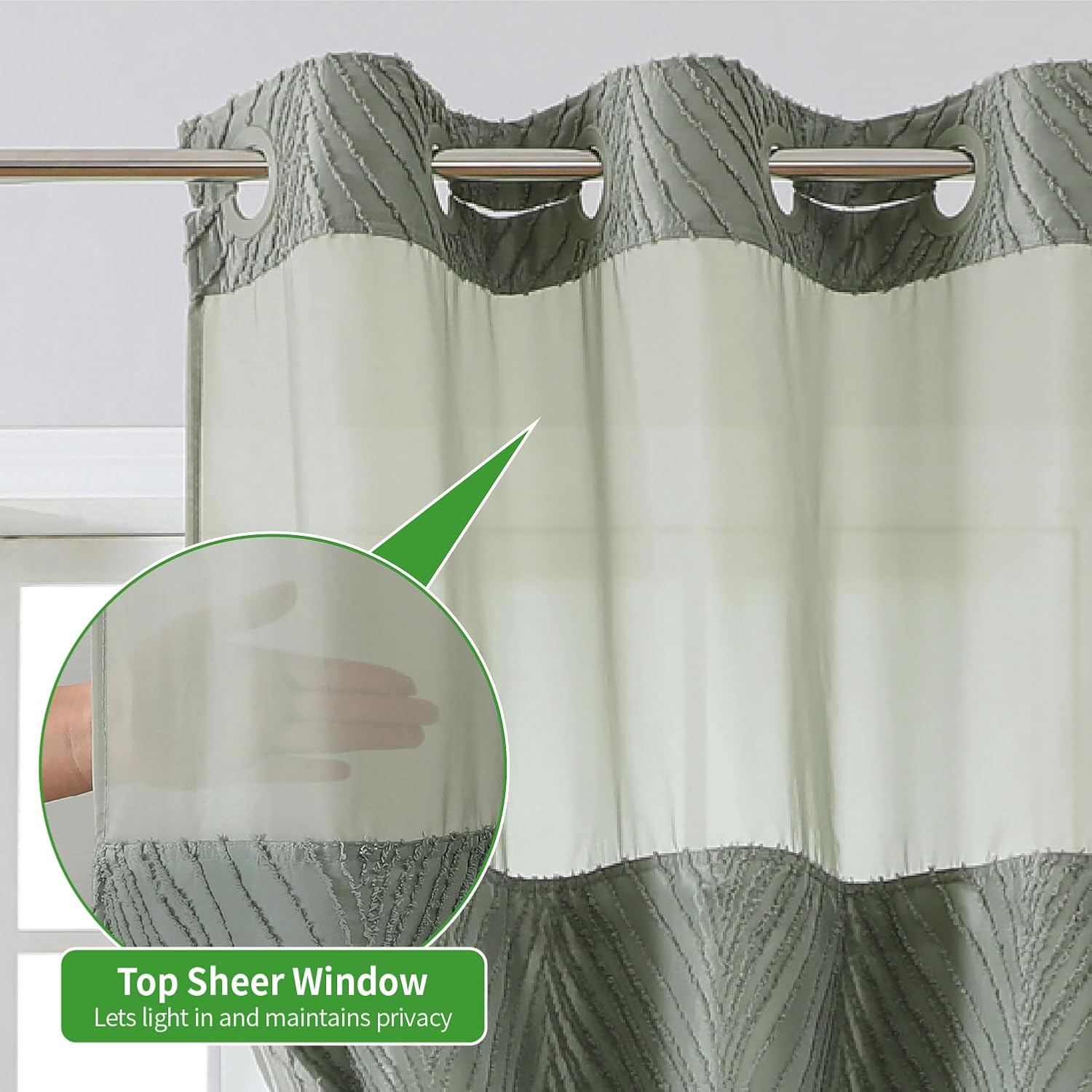 SageGreen Boho Shower Curtain Set No Hook