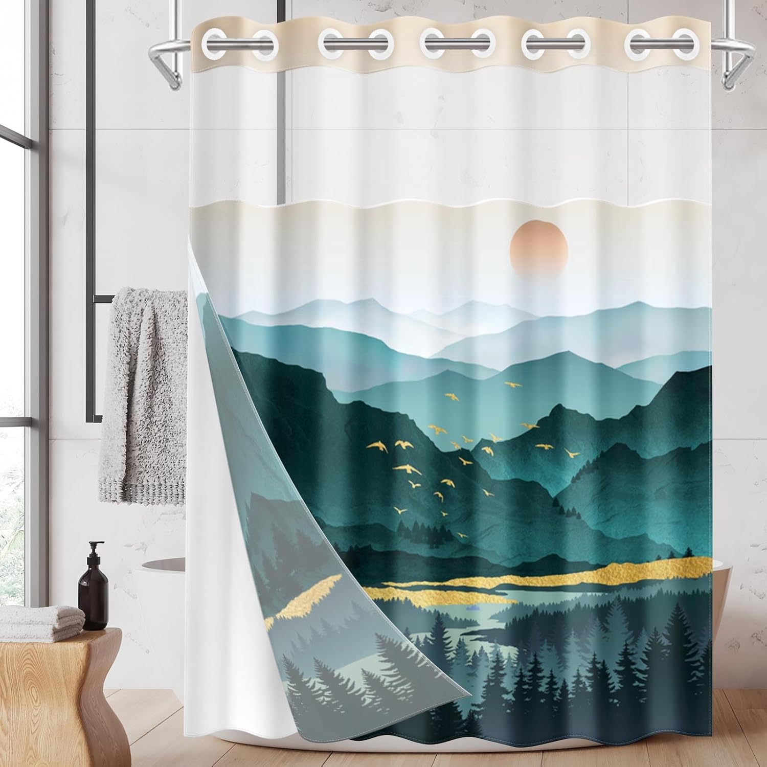 Nesphy No Hook Mountain Shower Curtain Set