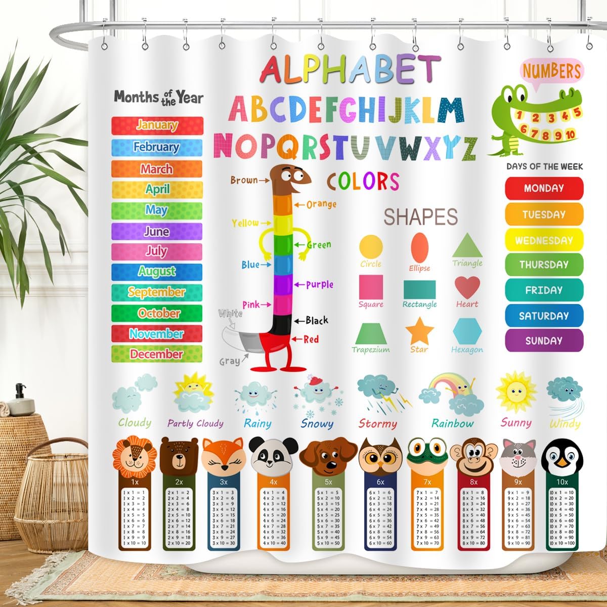 ABC Educational Shower Curtain with Hooks for Kids