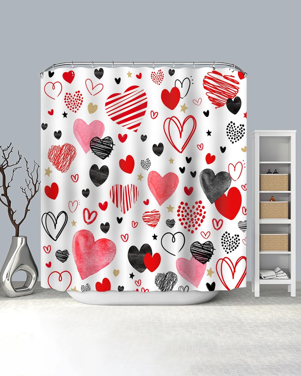 Valentines Day Red and Black Heart Shower Curtain Set with 12 Hooks