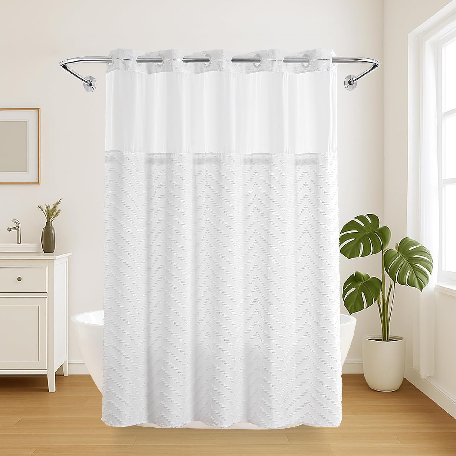 Nesphy Hookless Boho Shower Curtain Set White Textured Chevron Striped