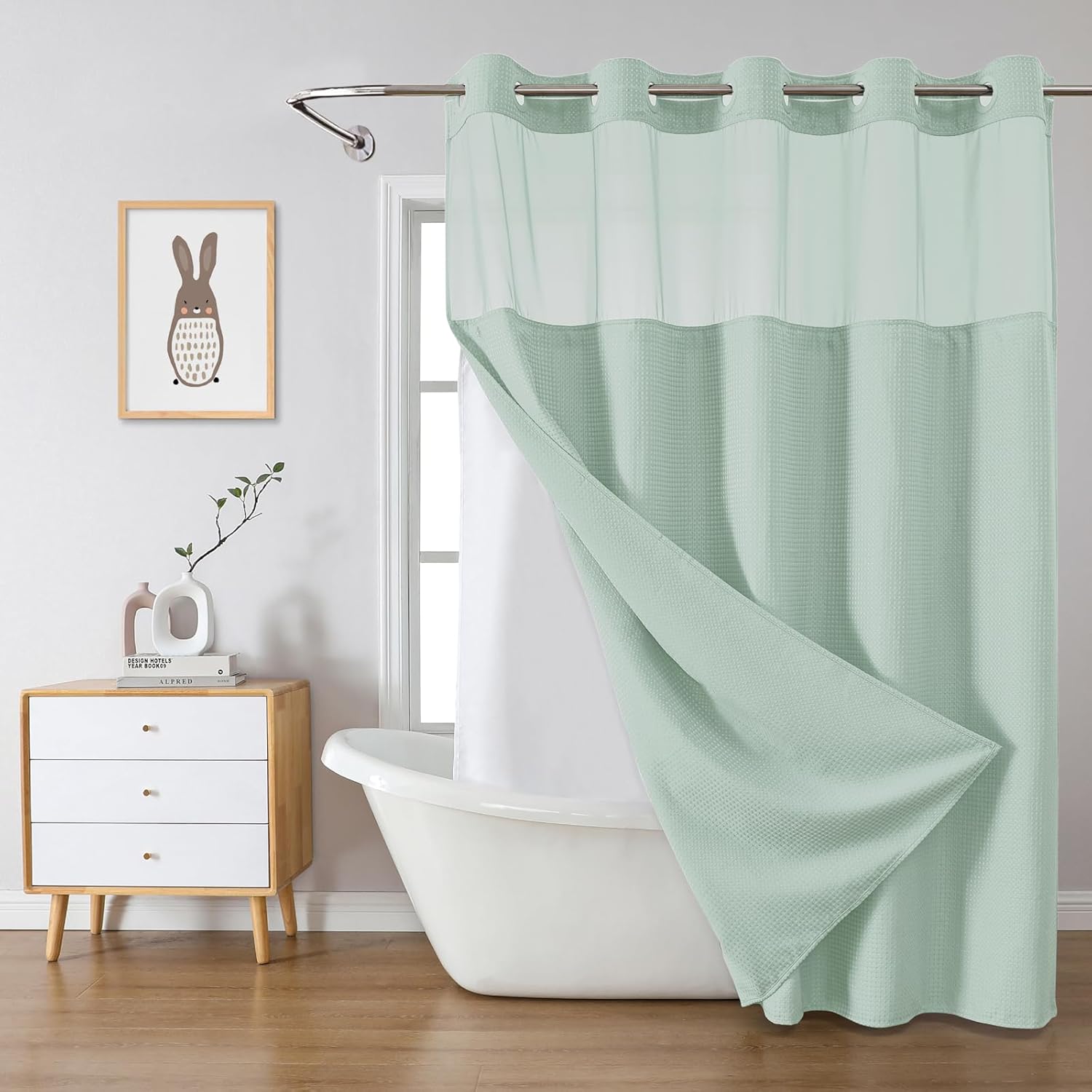 MintGreen No Hook Waffle Weave Shower Curtain Set